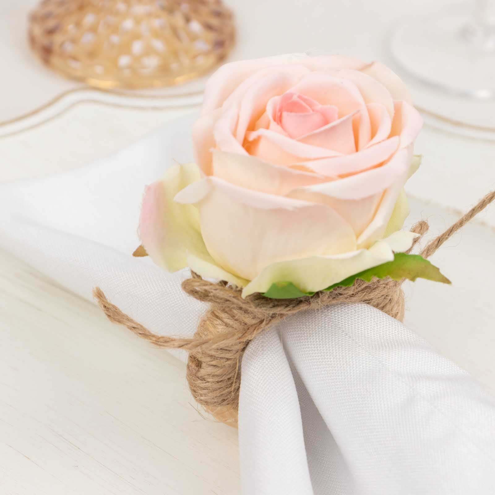 4 Pack Blush Silk Rose Flower Wooden Napkin Rings, Rustic Boho Chic Floral Napkin Holders - 4" - Image 2