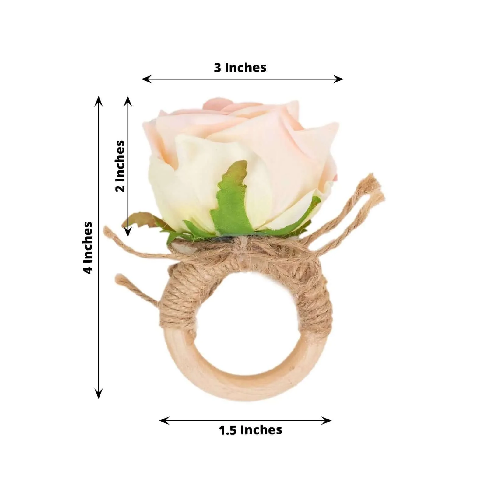 4 Pack Blush Silk Rose Flower Wooden Napkin Rings, Rustic Boho Chic Floral Napkin Holders - 4" - Image 3