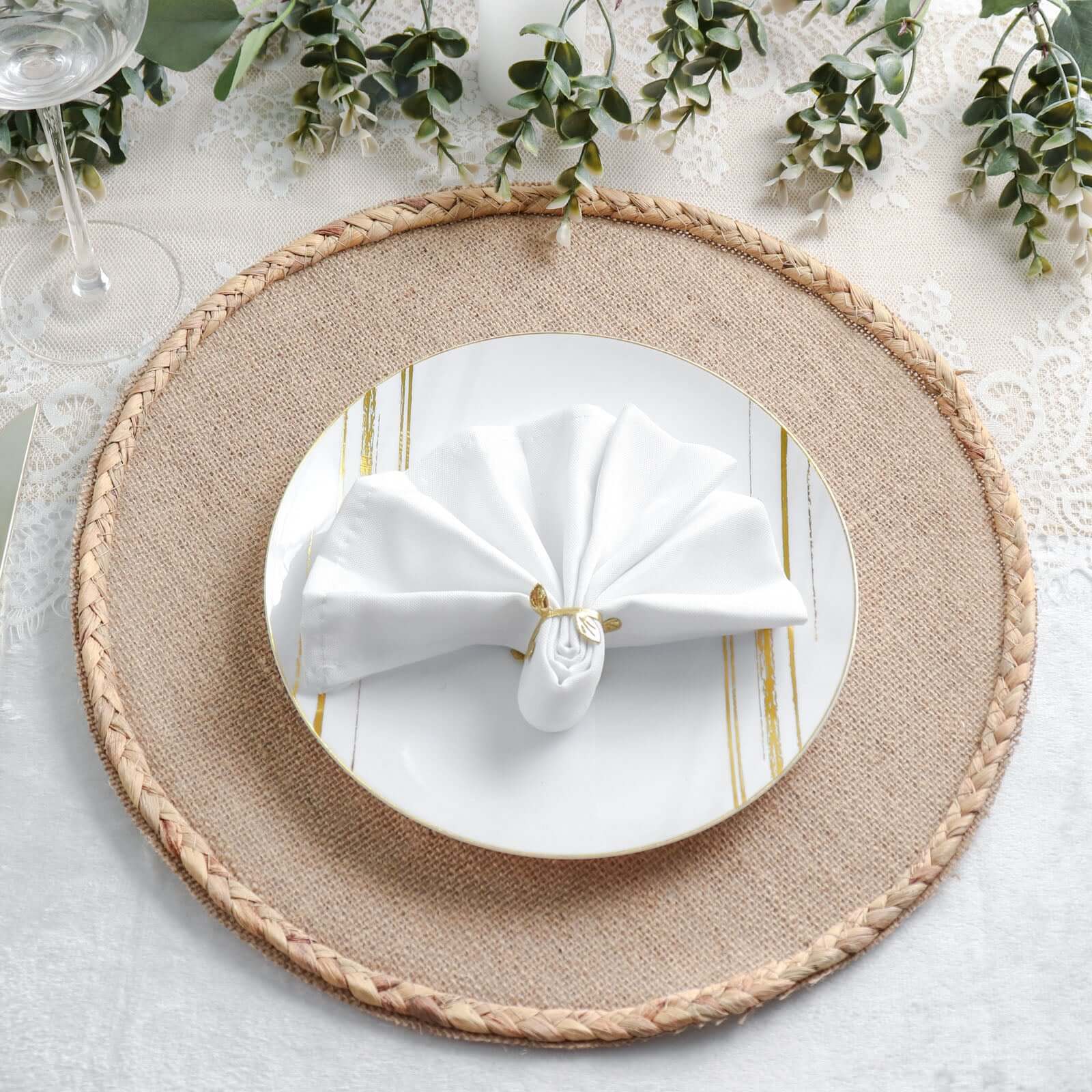 4-Pack Burlap Jute Placemats 15" Round Braided Edge Design Natural - Rustic Farmhouse Table Decor with Trim - Image 6