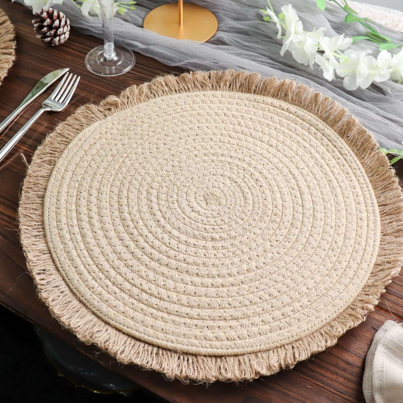 4-Pack Burlap Jute Placemats 15" Round Fringed Edge Design Natural Rustic - Farmhouse Table Mats with Trim - Image 5