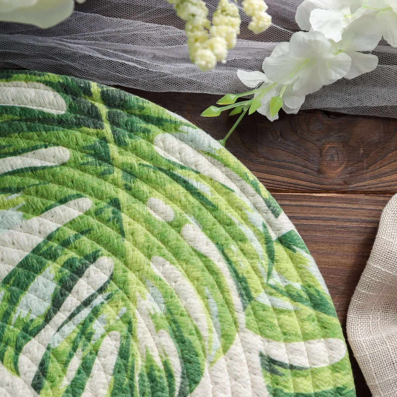 4-Pack Cotton Table Placemats 15" Round Braided Tropical Leaf Design Green - Indoor/Outdoor Dining Table Mats - Image 11