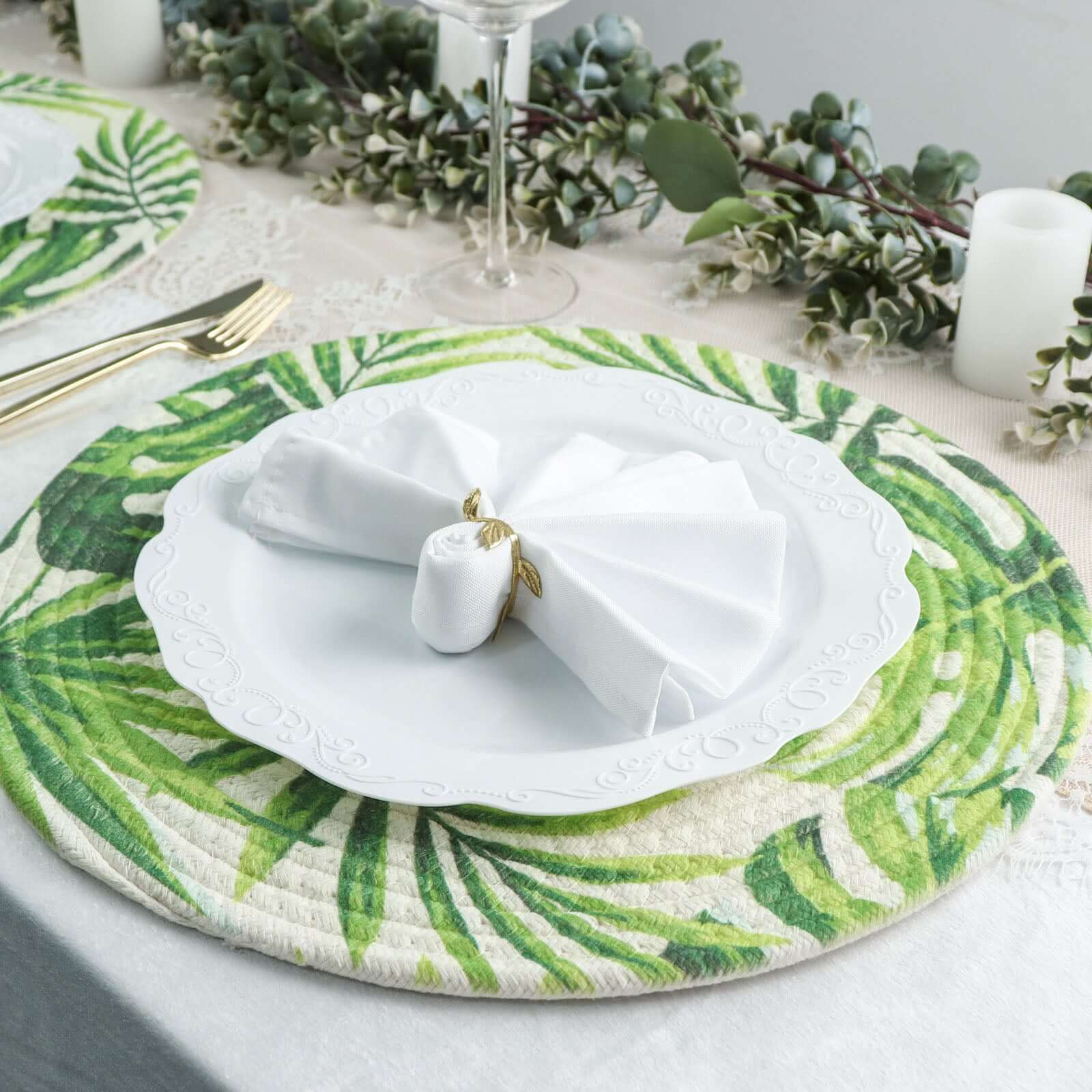 4-Pack Cotton Table Placemats 15" Round Braided Tropical Leaf Design Green - Indoor/Outdoor Dining Table Mats - Image 12