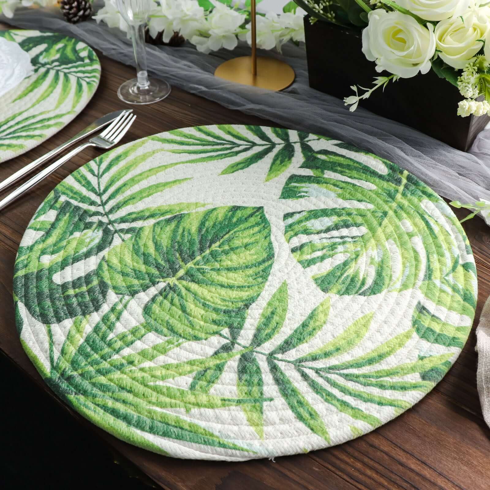 4-Pack Cotton Table Placemats 15" Round Braided Tropical Leaf Design Green - Indoor/Outdoor Dining Table Mats - Image 13
