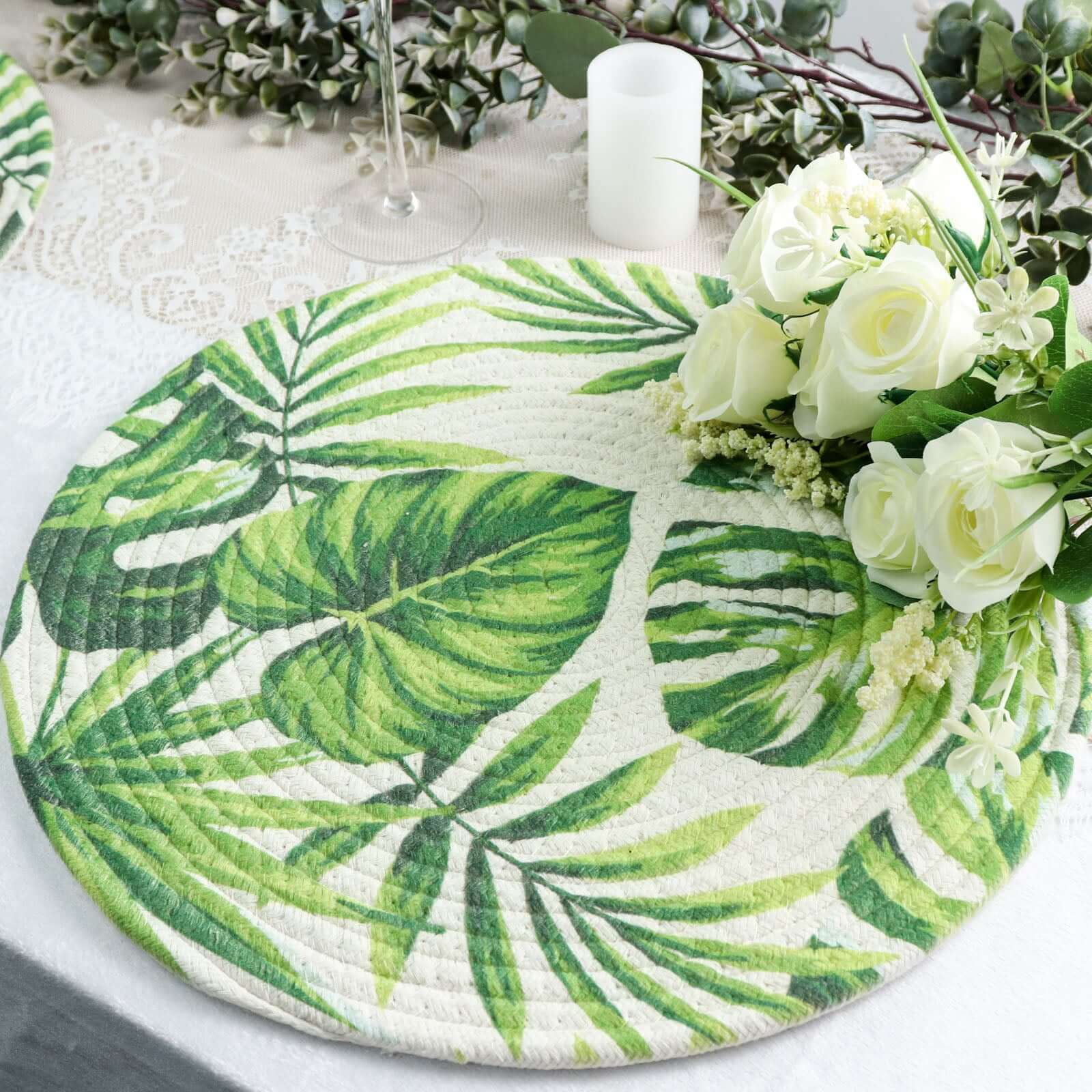 4-Pack Cotton Table Placemats 15" Round Braided Tropical Leaf Design Green - Indoor/Outdoor Dining Table Mats - Image 14