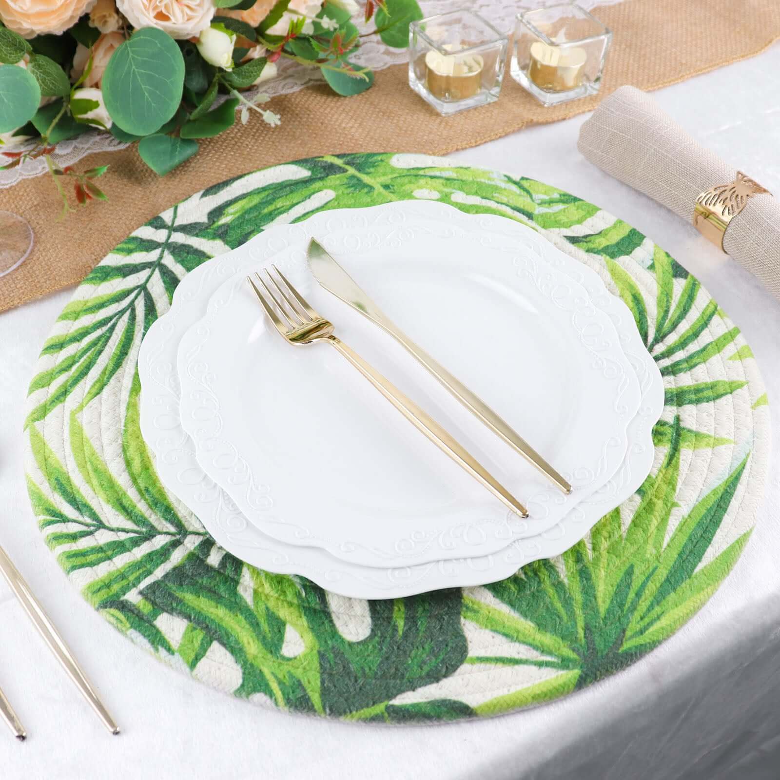 4-Pack Cotton Table Placemats 15" Round Braided Tropical Leaf Design Green - Indoor/Outdoor Dining Table Mats - Image 16