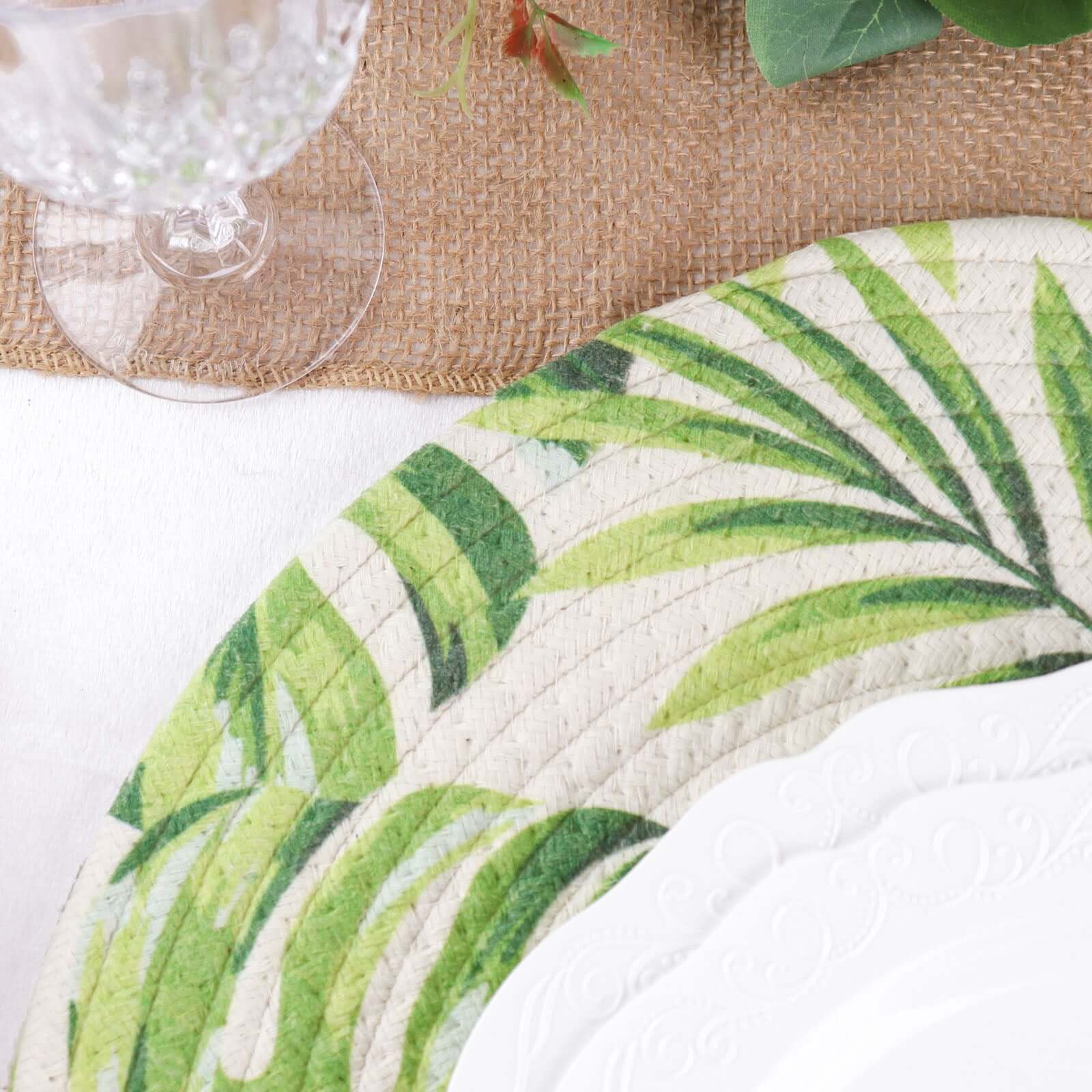 4-Pack Cotton Table Placemats 15" Round Braided Tropical Leaf Design Green - Indoor/Outdoor Dining Table Mats - Image 17