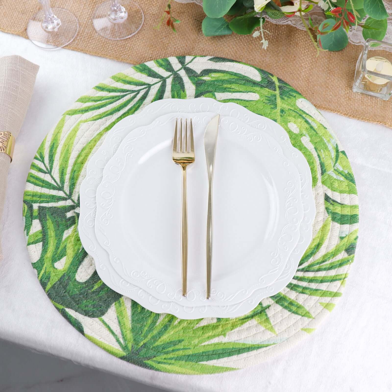 4-Pack Cotton Table Placemats 15" Round Braided Tropical Leaf Design Green - Indoor/Outdoor Dining Table Mats - Image 22
