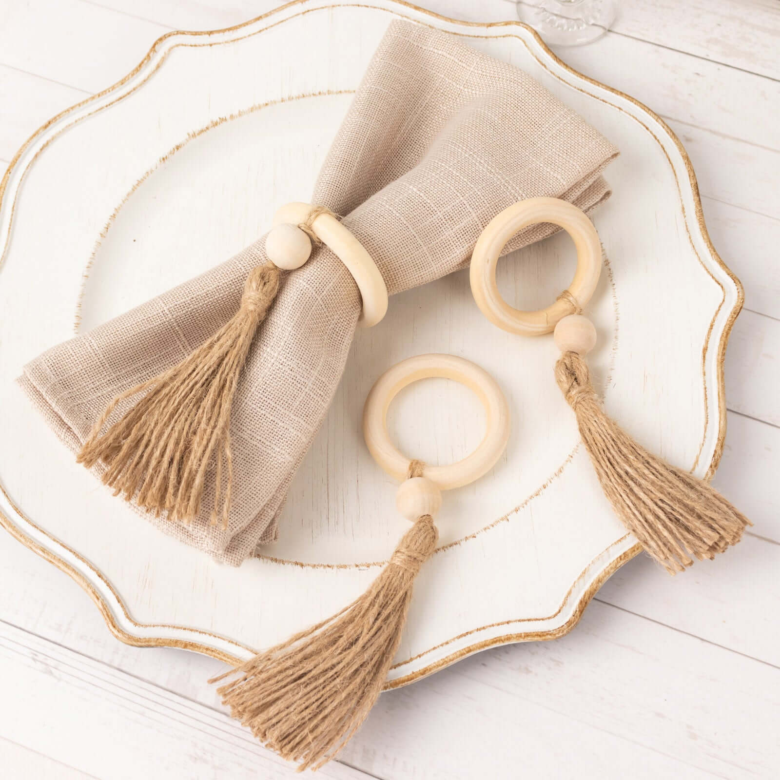 4 Pack Cream Wooden Napkin Rings with Woven Jute Beaded Tassel, Farmhouse Style Dinner Serviette Buckles