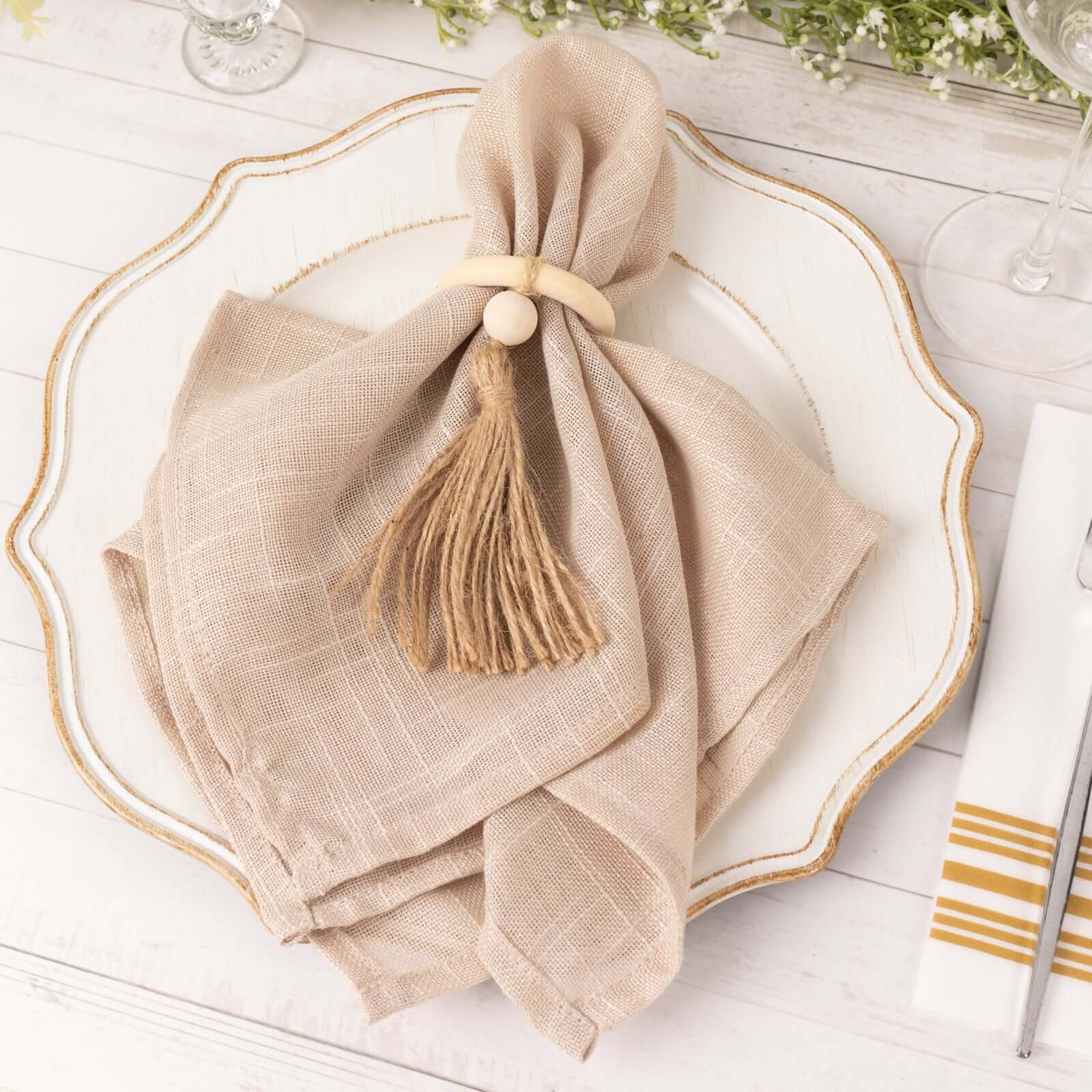4 Pack Cream Wooden Napkin Rings with Woven Jute Beaded Tassel, Farmhouse Style Dinner Serviette Buckles - Image 11