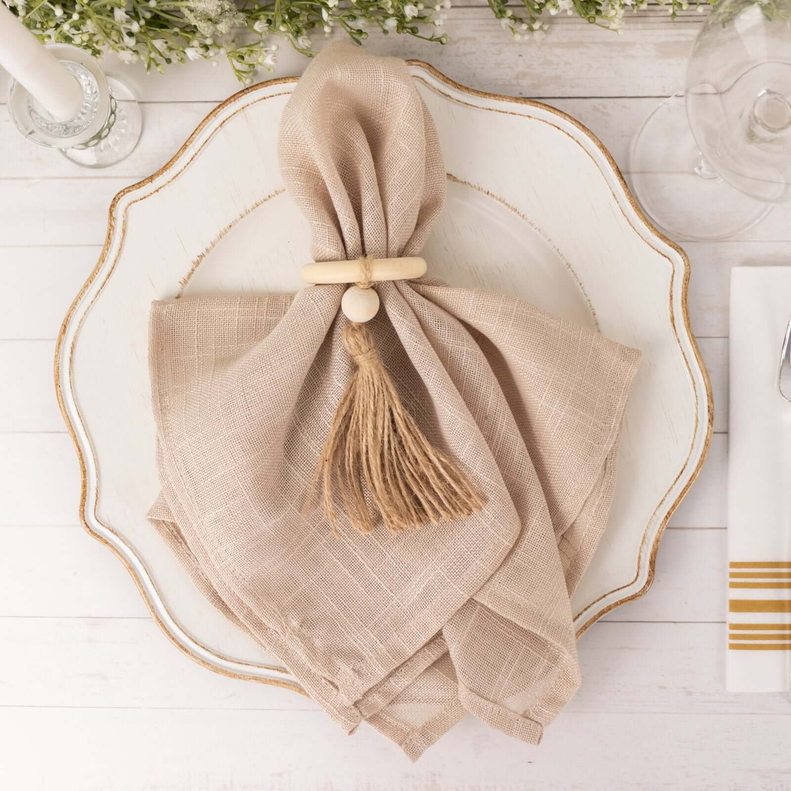 4 Pack Cream Wooden Napkin Rings with Woven Jute Beaded Tassel, Farmhouse Style Dinner Serviette Buckles - Image 2