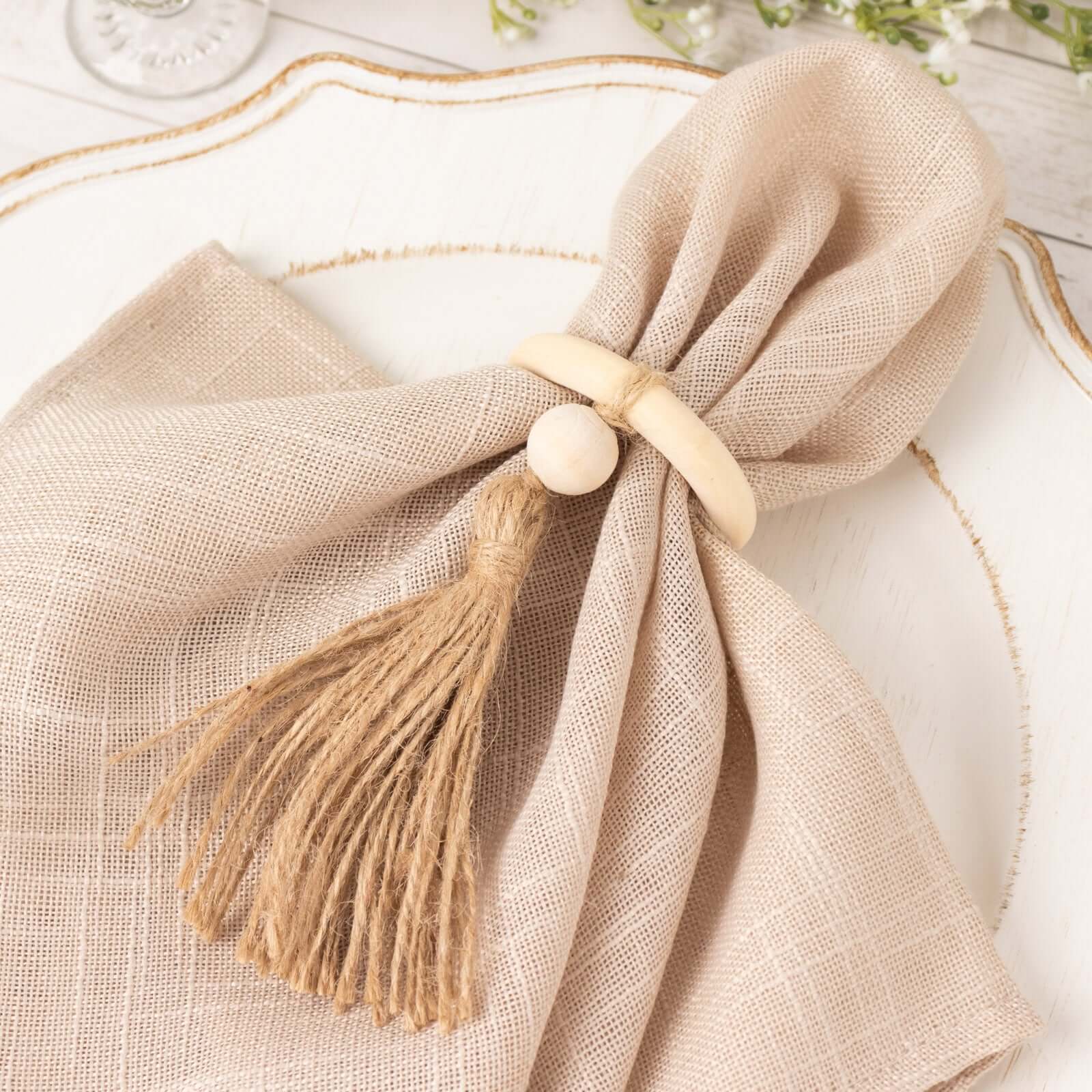 4 Pack Cream Wooden Napkin Rings with Woven Jute Beaded Tassel, Farmhouse Style Dinner Serviette Buckles - Image 4
