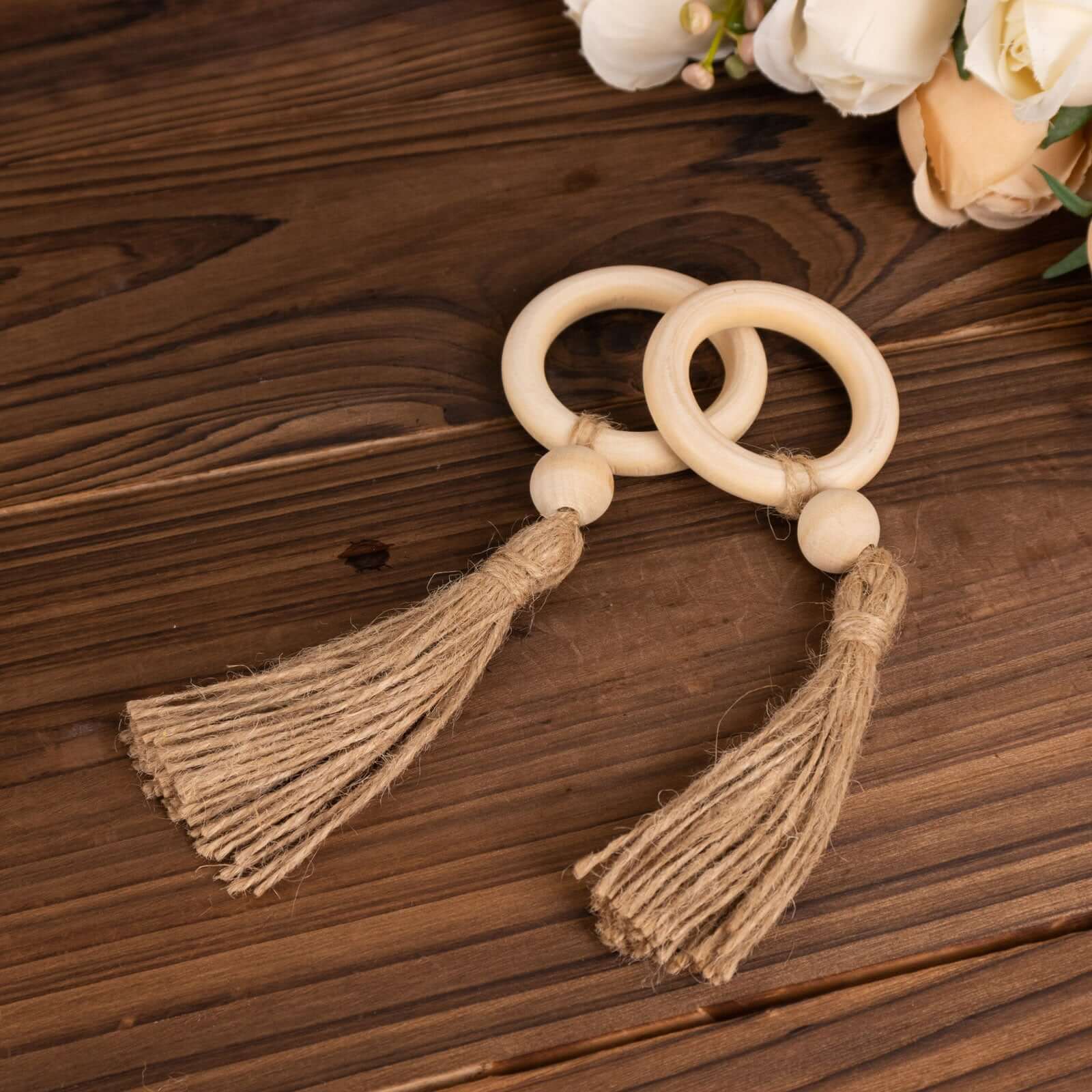 4 Pack Cream Wooden Napkin Rings with Woven Jute Beaded Tassel, Farmhouse Style Dinner Serviette Buckles - Image 5