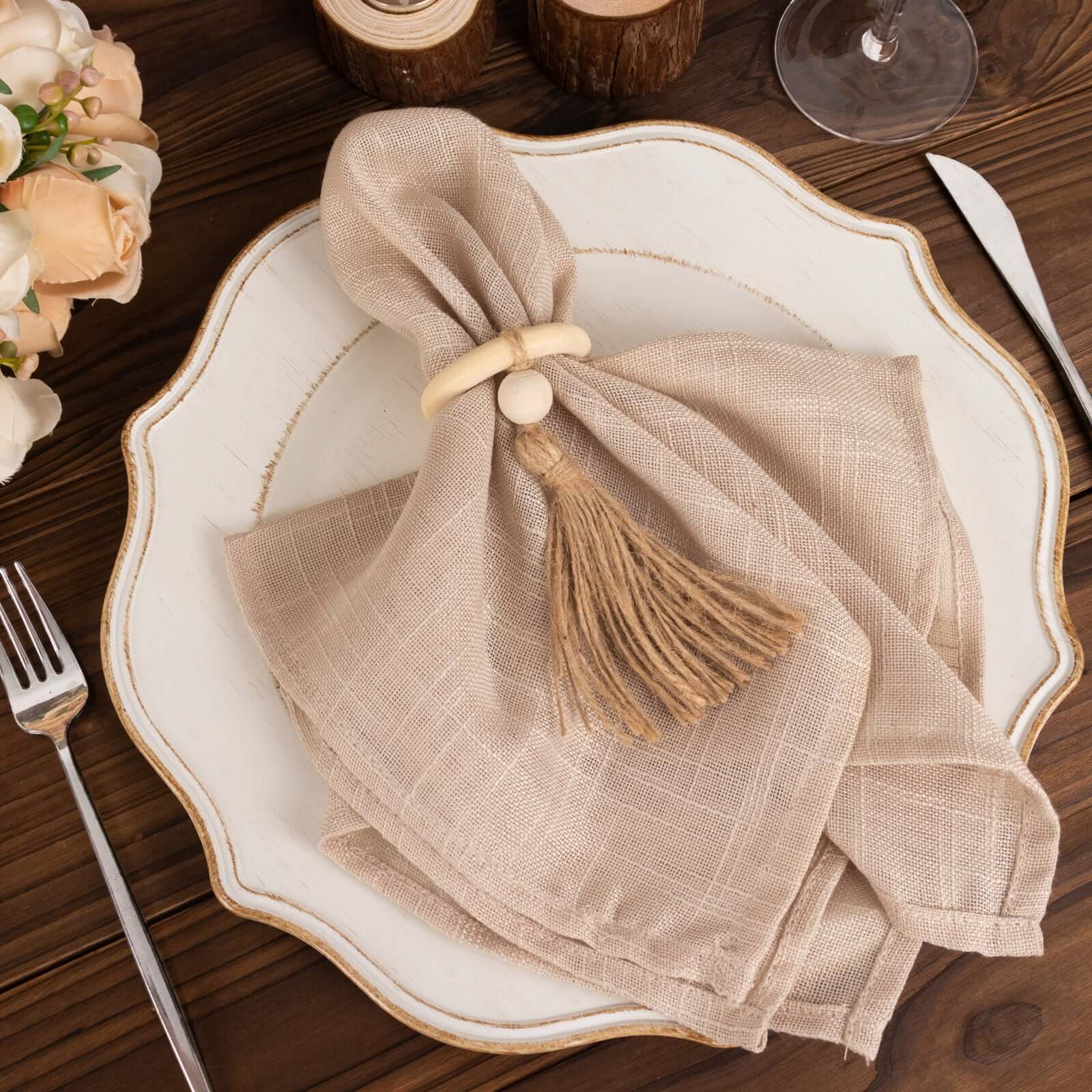 4 Pack Cream Wooden Napkin Rings with Woven Jute Beaded Tassel, Farmhouse Style Dinner Serviette Buckles - Image 6