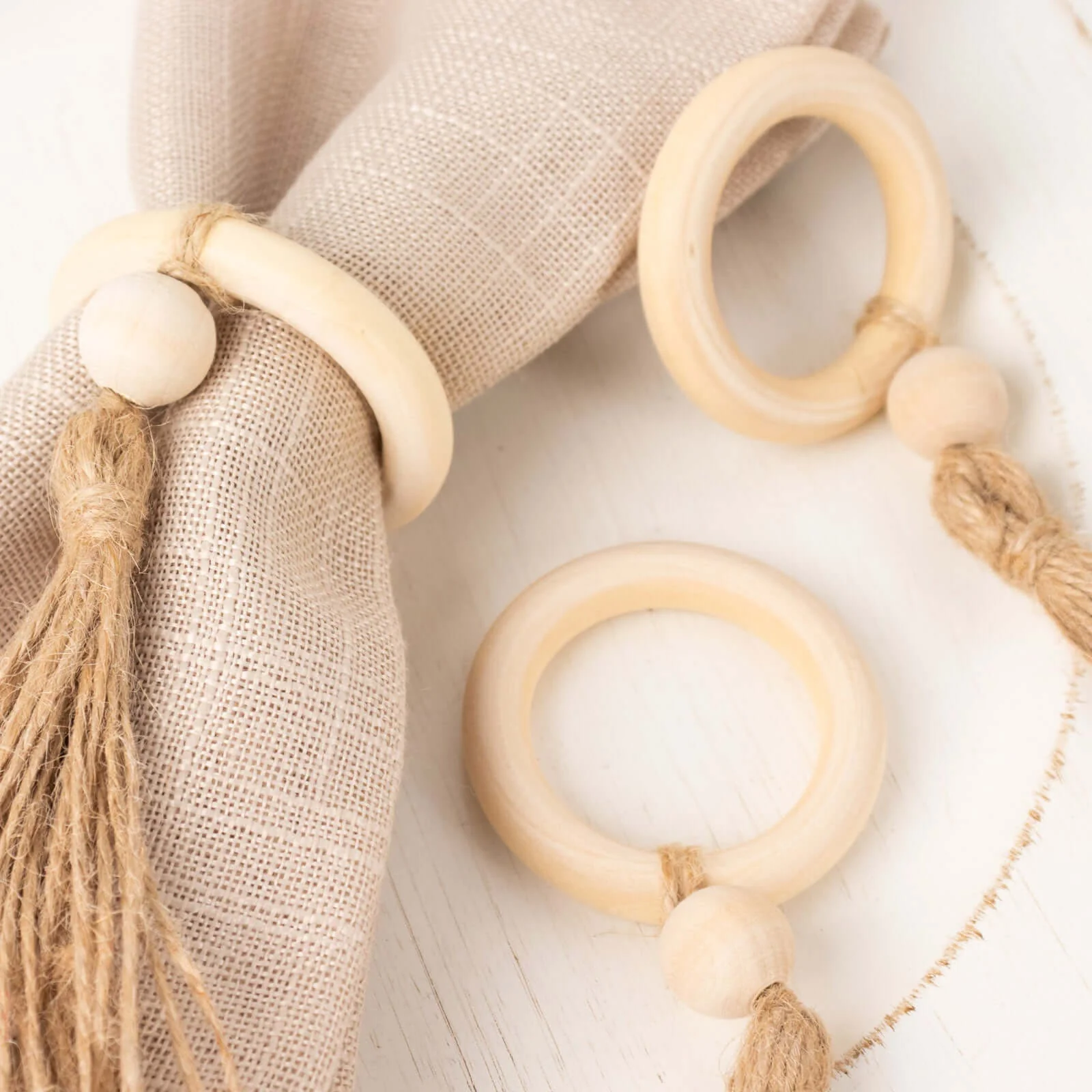 4 Pack Cream Wooden Napkin Rings with Woven Jute Beaded Tassel, Farmhouse Style Dinner Serviette Buckles - Image 8