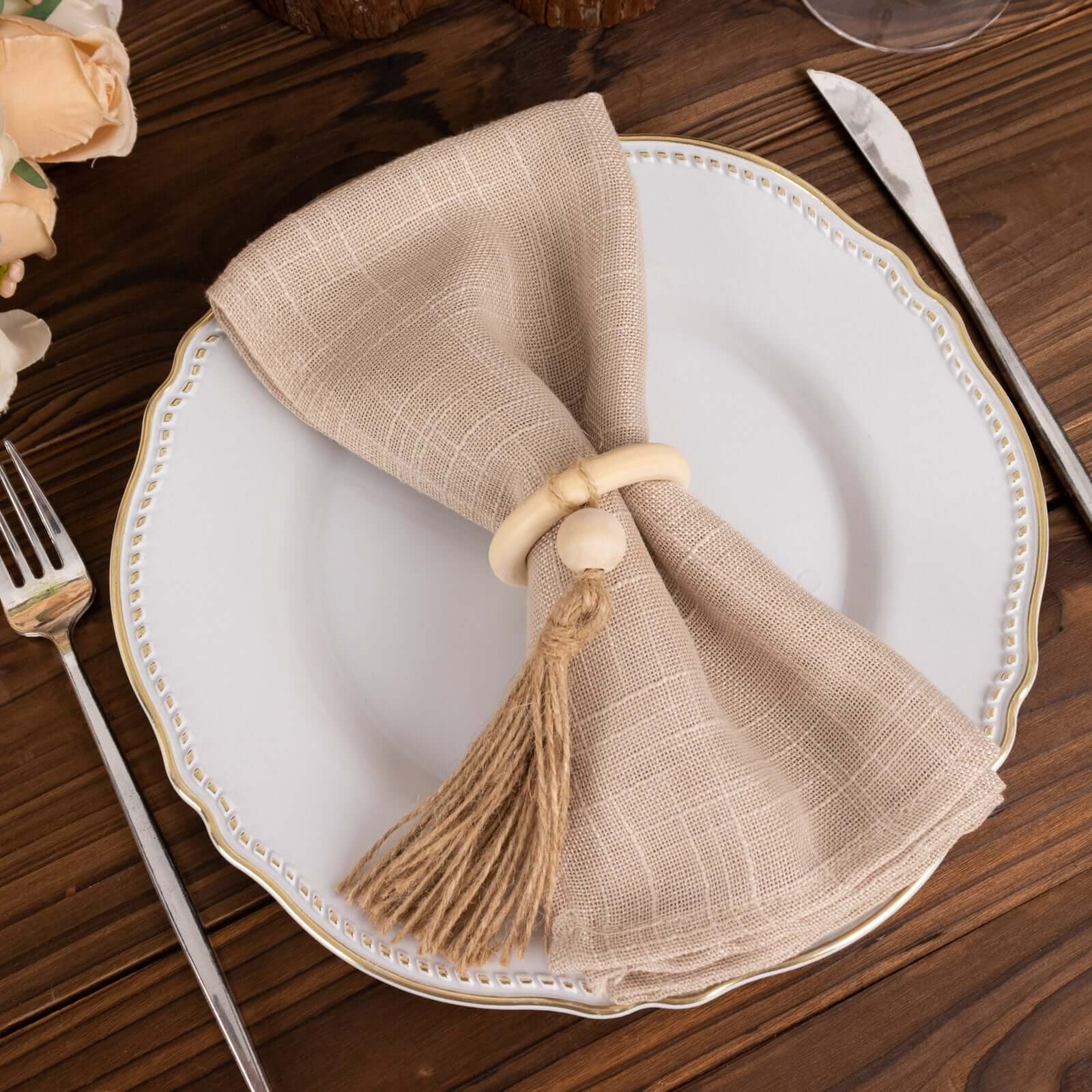 4 Pack Cream Wooden Napkin Rings with Woven Jute Beaded Tassel, Farmhouse Style Dinner Serviette Buckles - Image 9