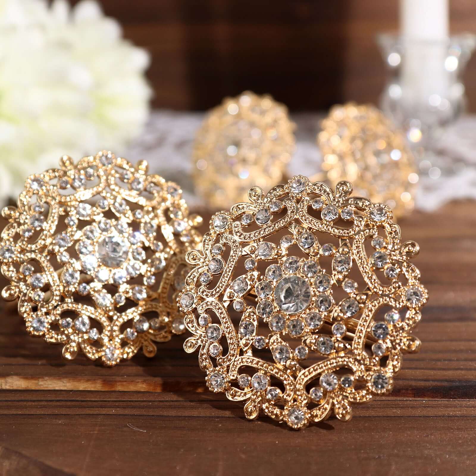 4 Pack Diamond Rhinestone Gold Metal Flower Napkin Rings, Decorative Napkin Buckle Holders - Image 2