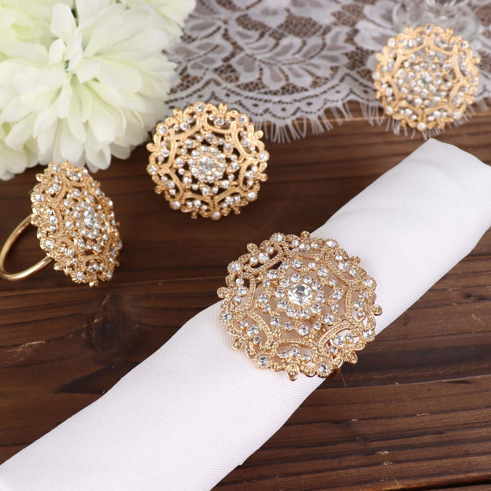 4 Pack Diamond Rhinestone Gold Metal Flower Napkin Rings, Decorative Napkin Buckle Holders - Image 5