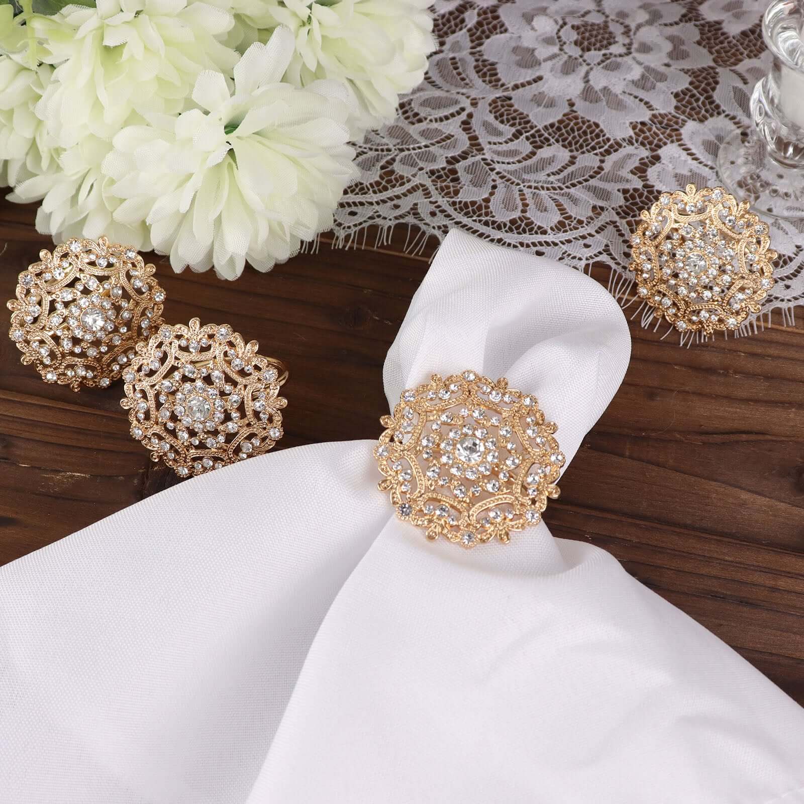 4 Pack Diamond Rhinestone Gold Metal Flower Napkin Rings, Decorative Napkin Buckle Holders - Image 8