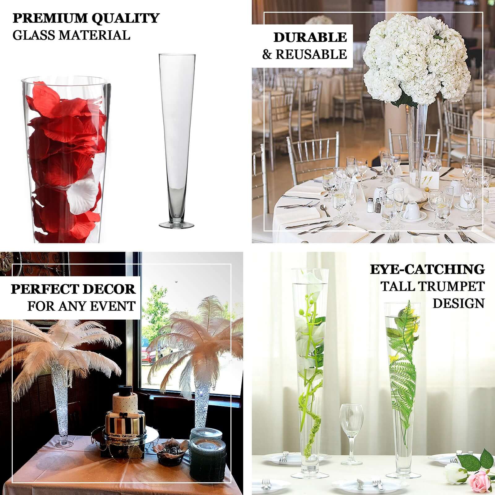 4-Pack Glass Trumpet Vases 28" Clear - Heavy Duty Design for Sophisticated Floral Centerpieces - Image 4
