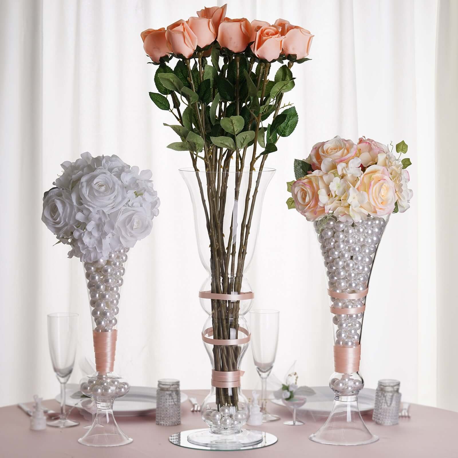 4-Pack Glass Trumpet Vases Crystal Ball Design 15" Clear - Reversible Centerpieces for Weddings - Image 6