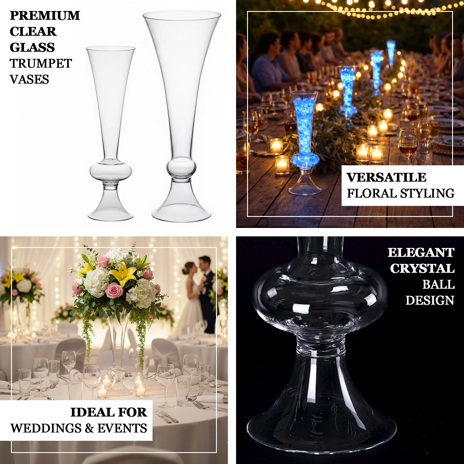 4-Pack Glass Trumpet Vases Crystal Ball Design 18" Clear - Decorative Floral Centerpieces for Weddings - Image 4