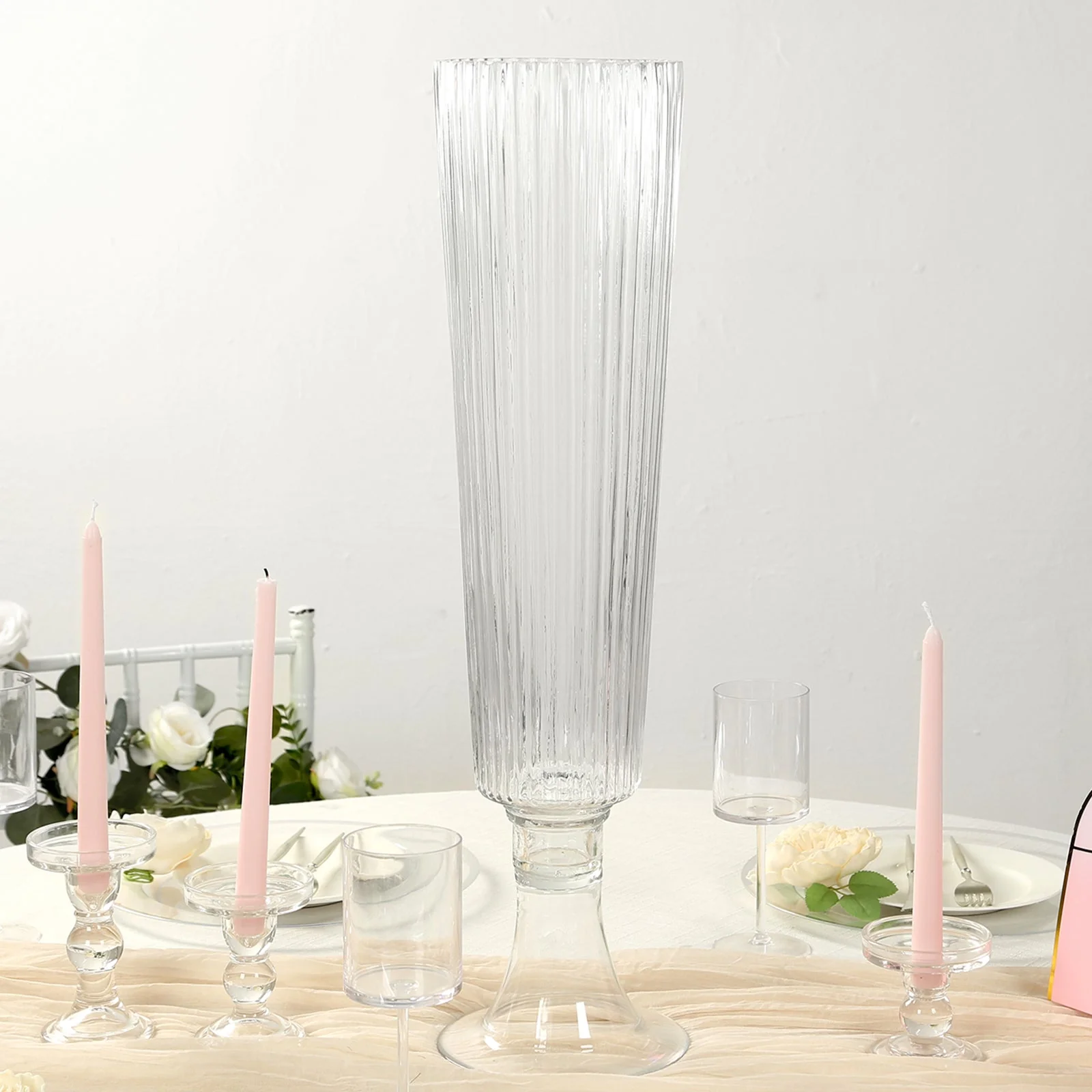 4-Pack Glass Trumpet Vases Ribbed Design 26" Clear - Heavy Duty Floral Wedding Centerpieces