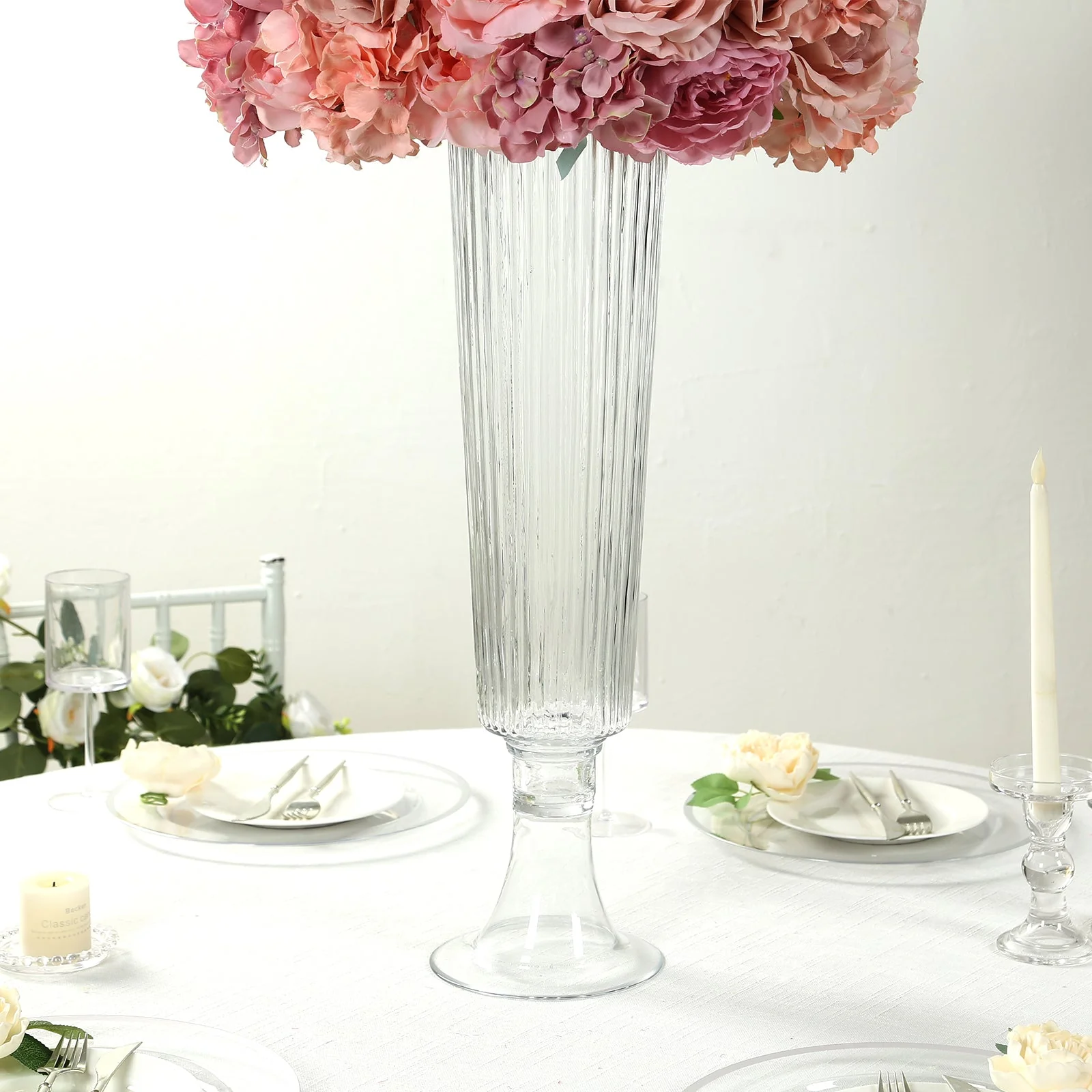 4-Pack Glass Trumpet Vases Ribbed Design 26" Clear - Heavy Duty Floral Wedding Centerpieces - Image 7