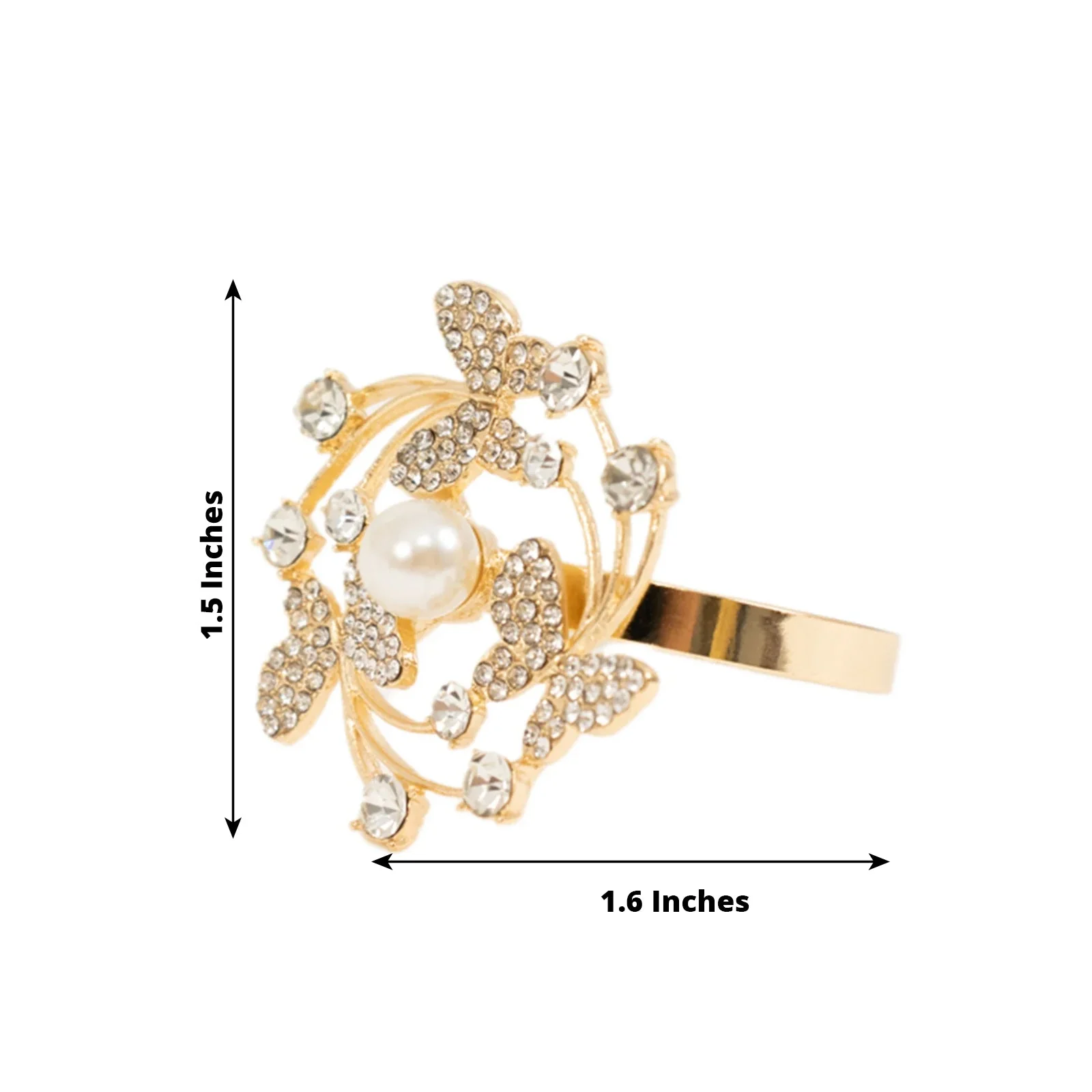 4 Pack Gold Metal Butterfly Napkin Rings with Rhinestones and Pearl Center, Elegant Table Decor for Weddings, Parties, and Special Occasions - Image 3
