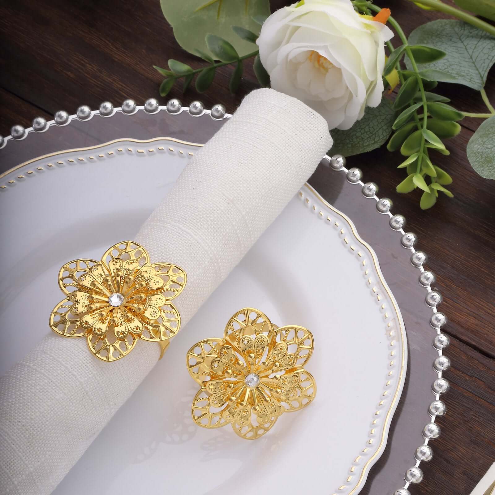 4 Pack Gold Metal Hollow Sun Flower Napkin Rings, Modern Flower Shaped Napkin Bands - Image 10