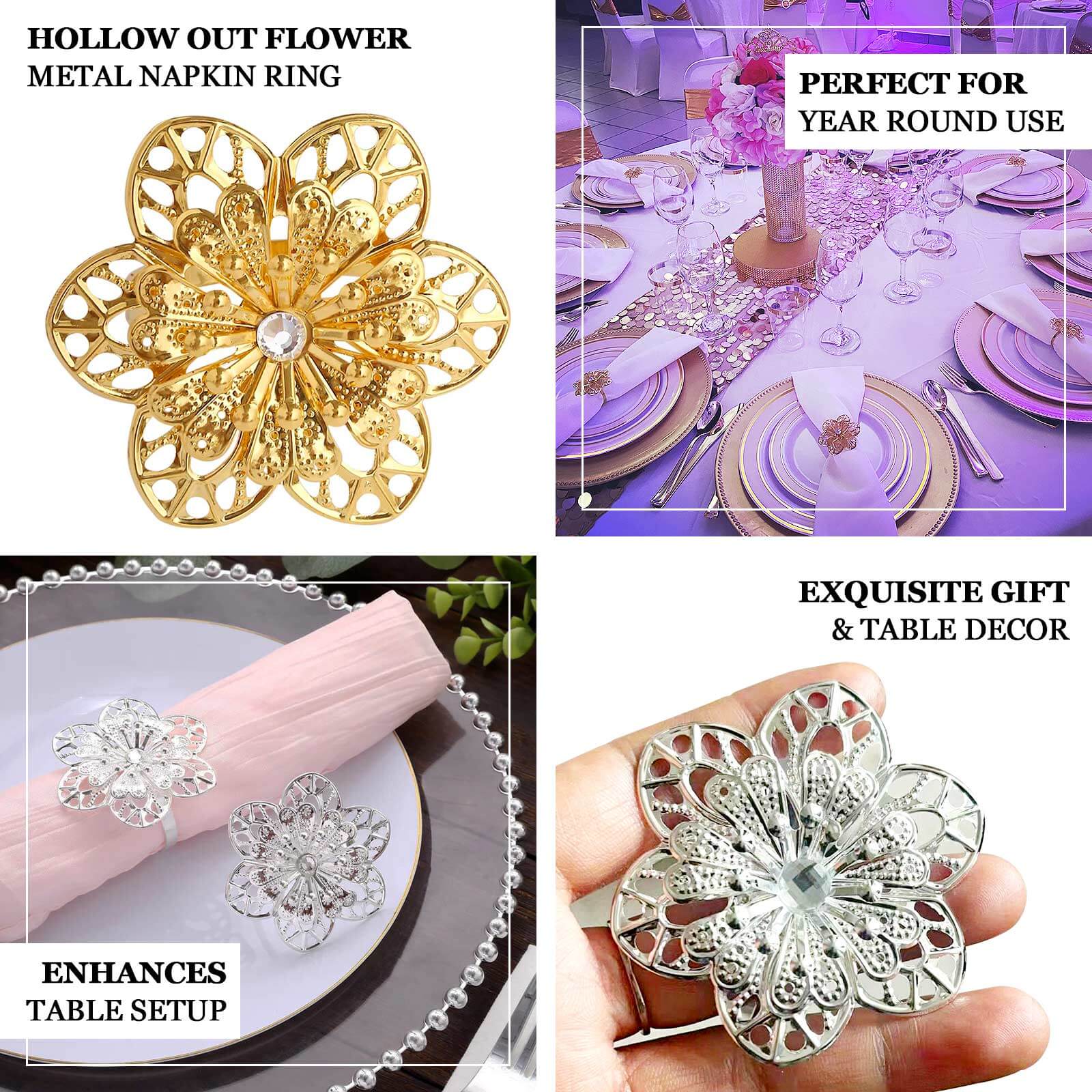 4 Pack Gold Metal Hollow Sun Flower Napkin Rings, Modern Flower Shaped Napkin Bands - Image 4