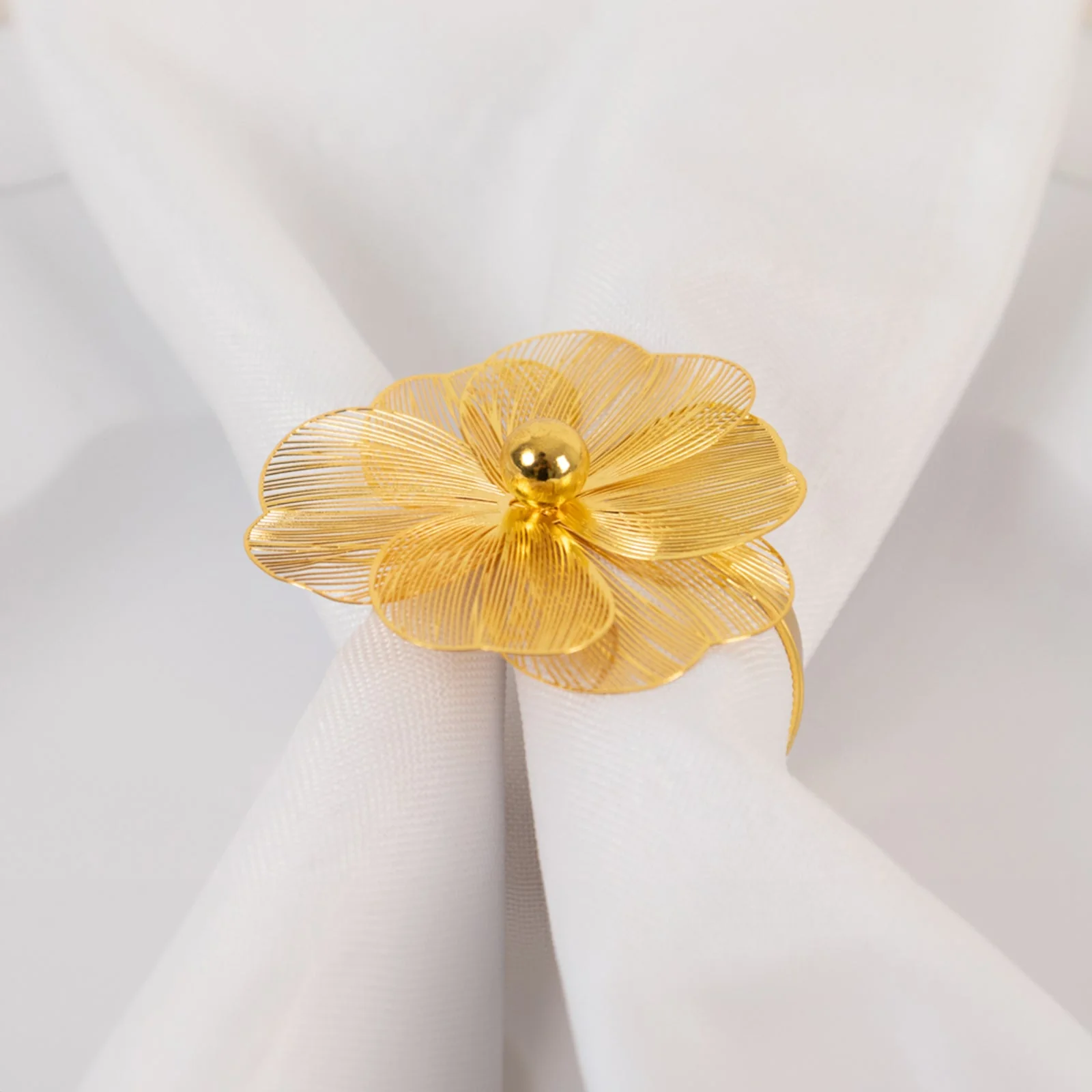 4 Pack Gold Metal Jasmine Flower Napkin Rings with Pearl Center, Decorative Floral Napkin Holder Bands - 2"