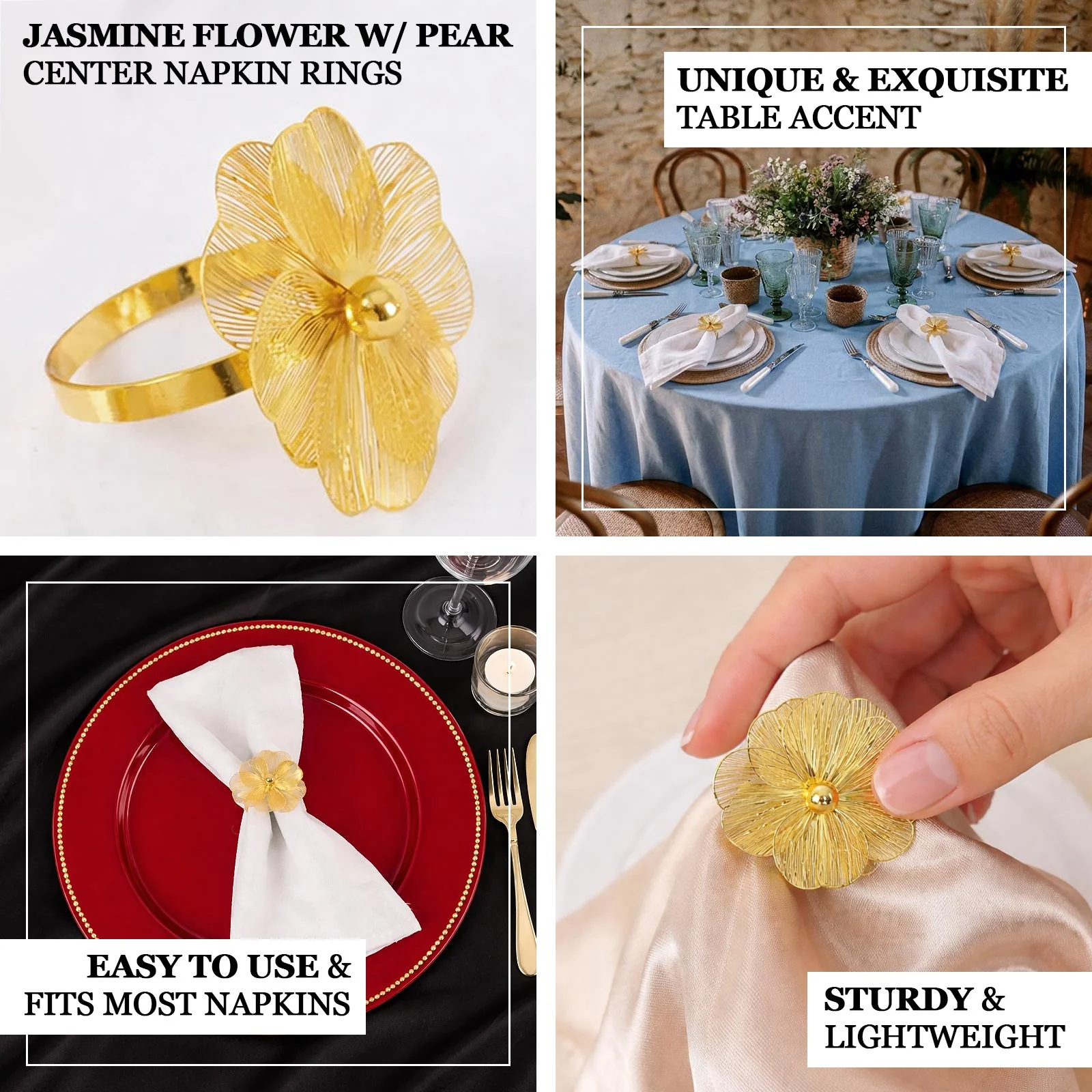4 Pack Gold Metal Jasmine Flower Napkin Rings with Pearl Center, Decorative Floral Napkin Holder Bands - 2" - Image 3