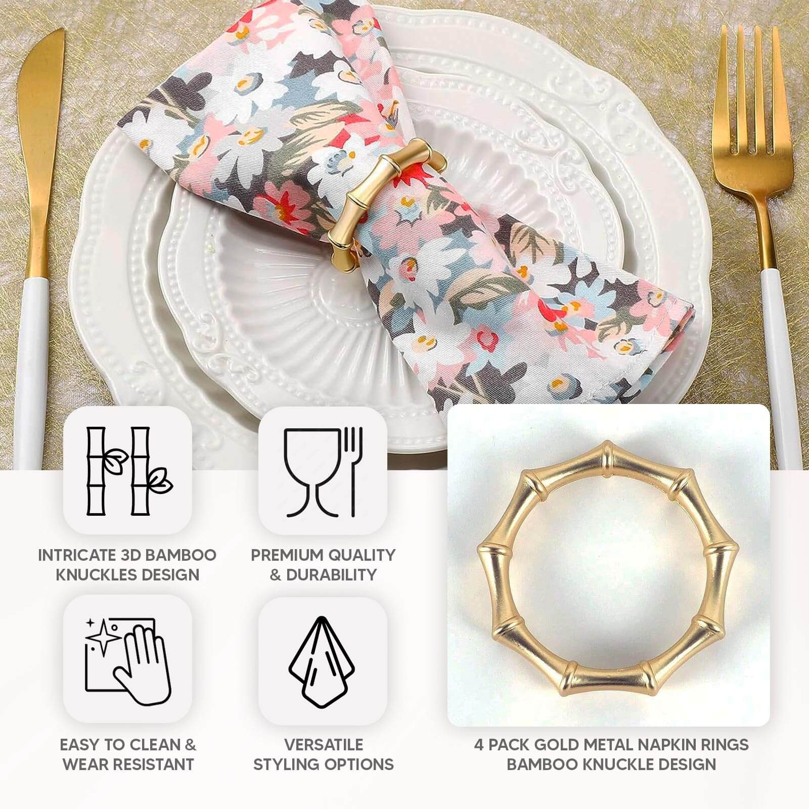 4 Pack Gold Metal Napkin Rings Bamboo Knuckle Style, Modern Serviette Holders 2" - Image 4