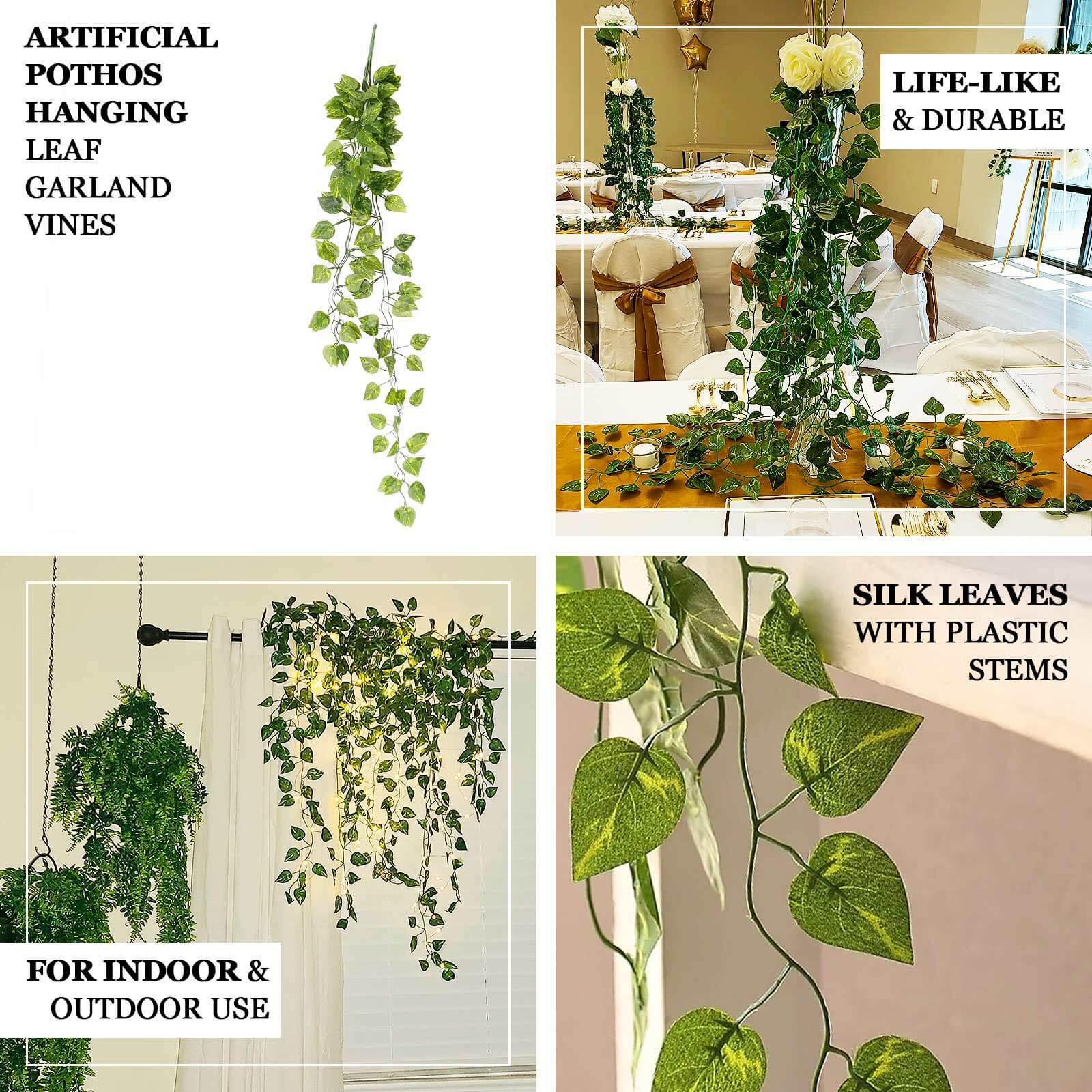 4 Pack Green Silk Pothos Artificial Hanging Plants, Fake Foliage Ivy Leaf Garland Vines - 3ft - Image 4