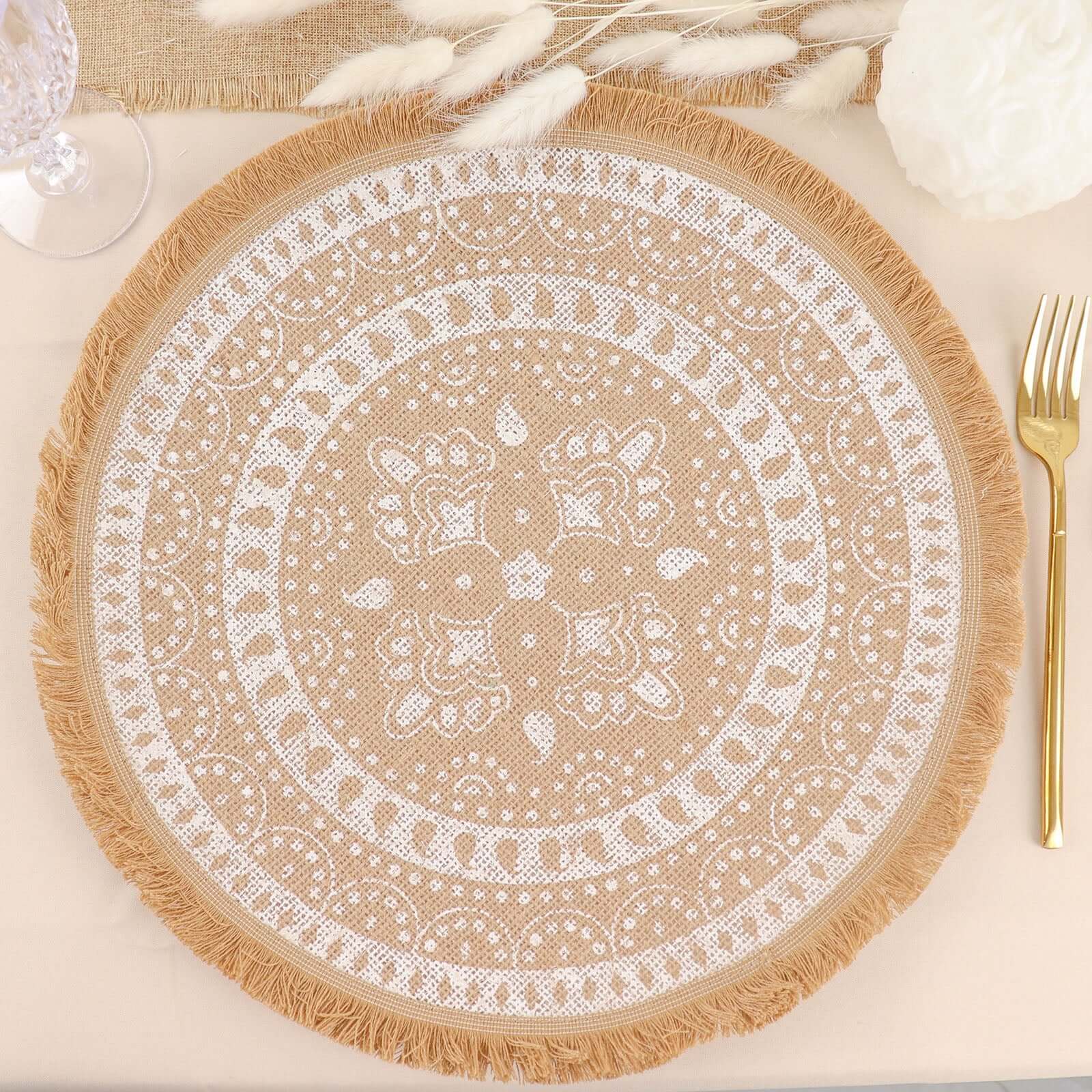 4-Pack Jute and White Placemats 15" Round Fringe Print Design Natural - Rustic Burlap Tassel Table Decor