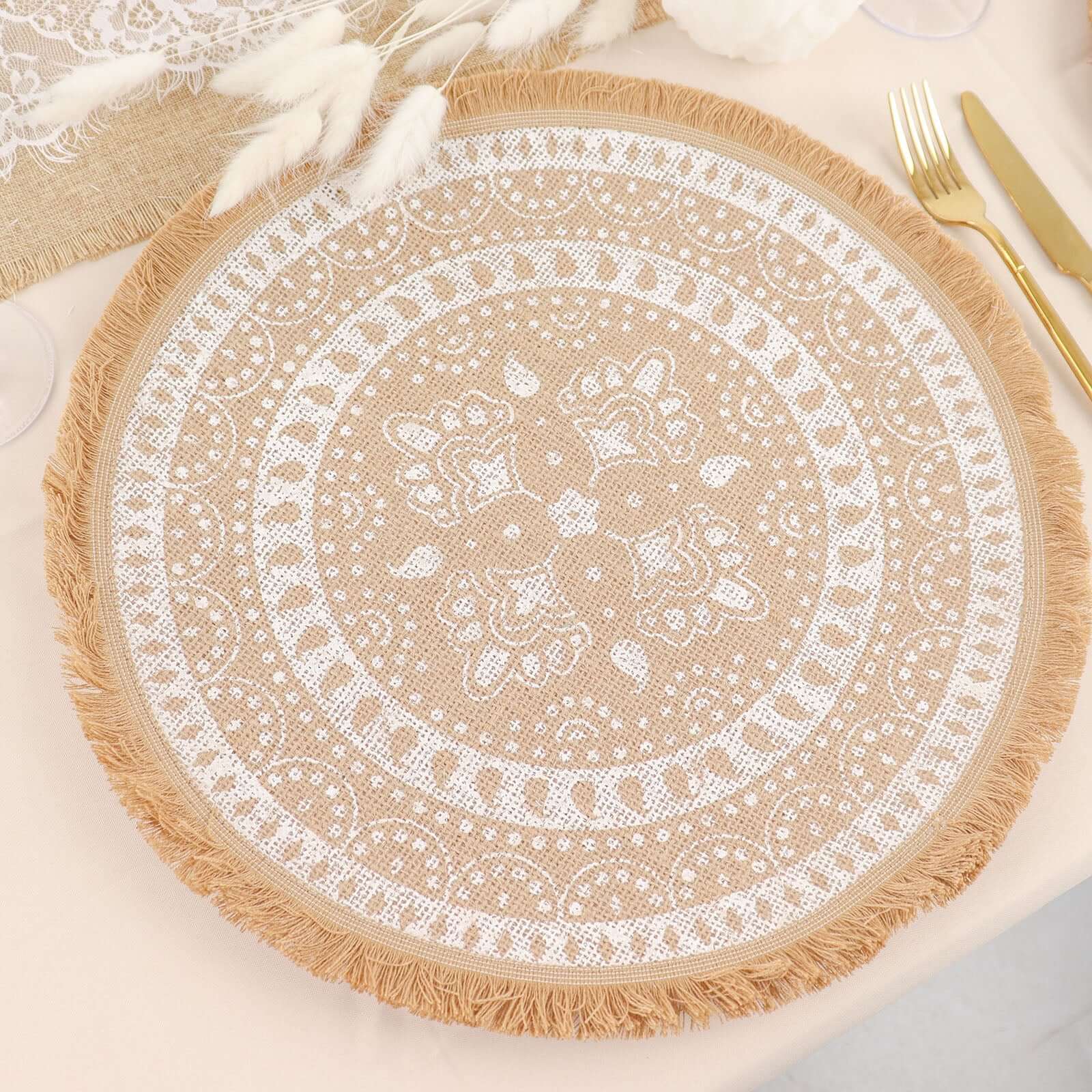 4-Pack Jute and White Placemats 15" Round Fringe Print Design Natural - Rustic Burlap Tassel Table Decor - Image 11