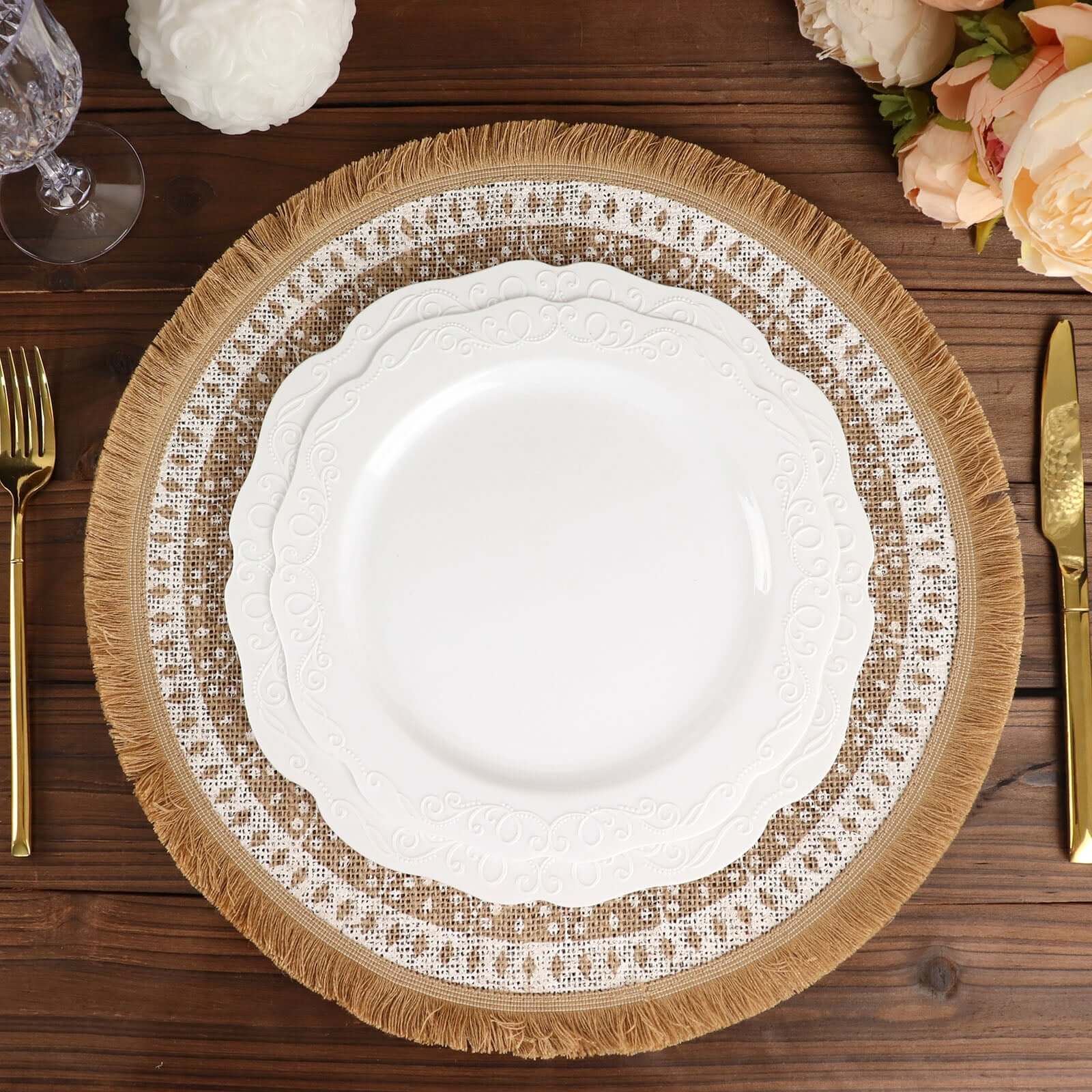 4-Pack Jute and White Placemats 15" Round Fringe Print Design Natural - Rustic Burlap Tassel Table Decor - Image 6
