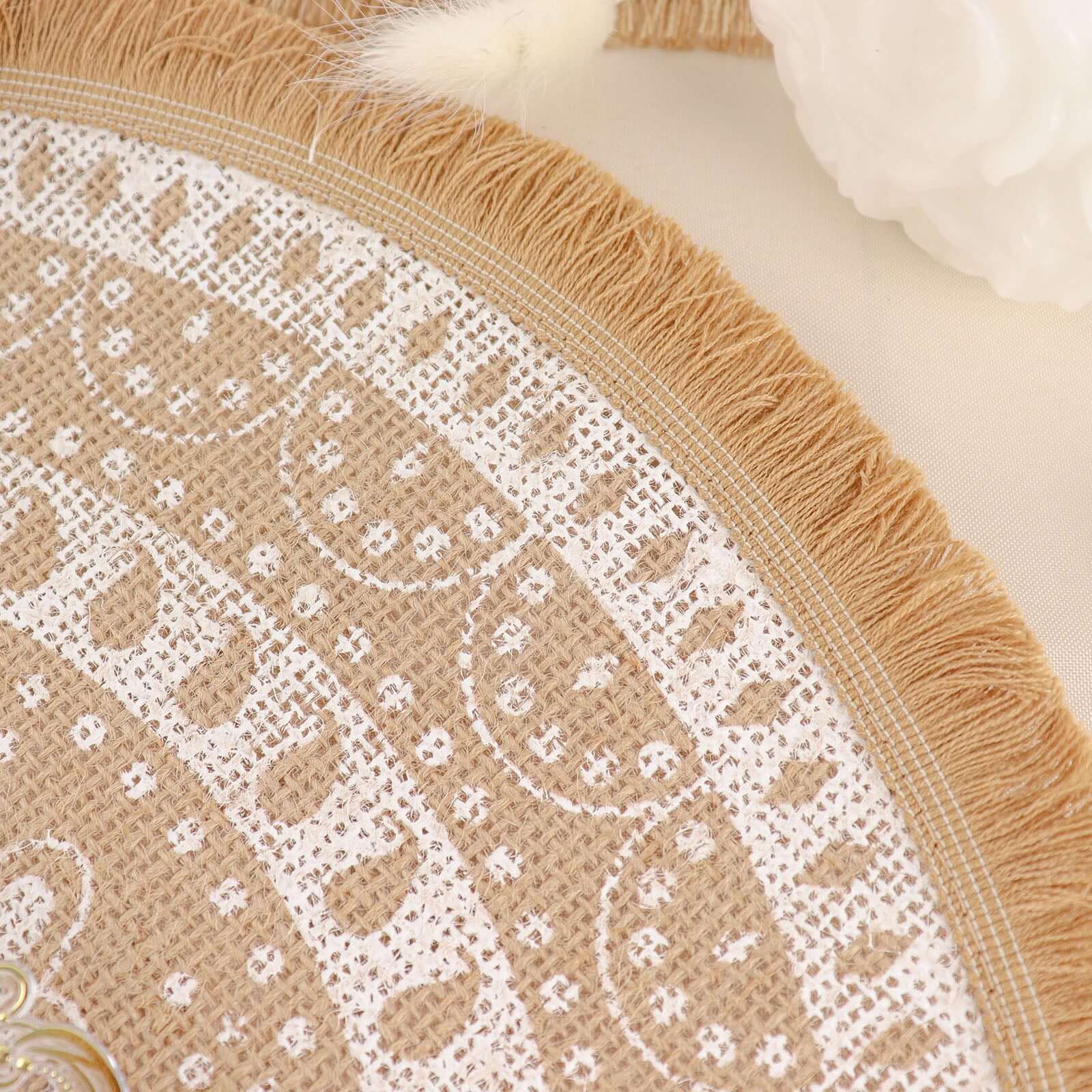4-Pack Jute and White Placemats 15" Round Fringe Print Design Natural - Rustic Burlap Tassel Table Decor - Image 8