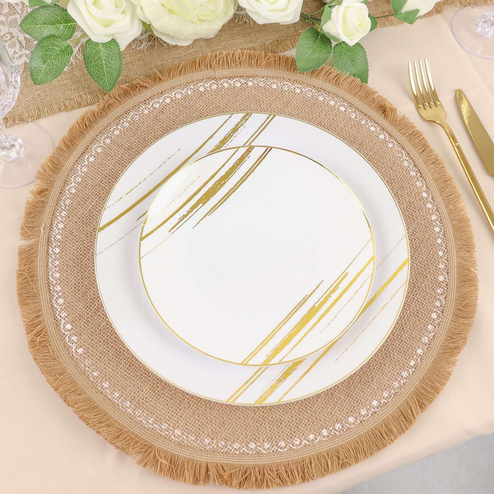 4-Pack Jute Fringe Placemats 15" Round White Embroidery Print Design Natural - Rustic Burlap Tassel Dining Mats - Image 2