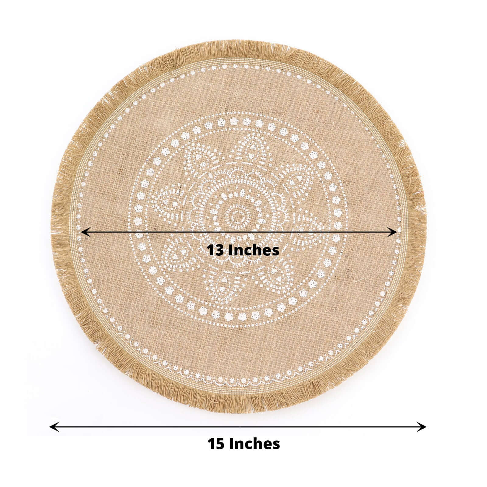 4-Pack Jute Fringe Placemats 15" Round White Embroidery Print Design Natural - Rustic Burlap Tassel Dining Mats - Image 3
