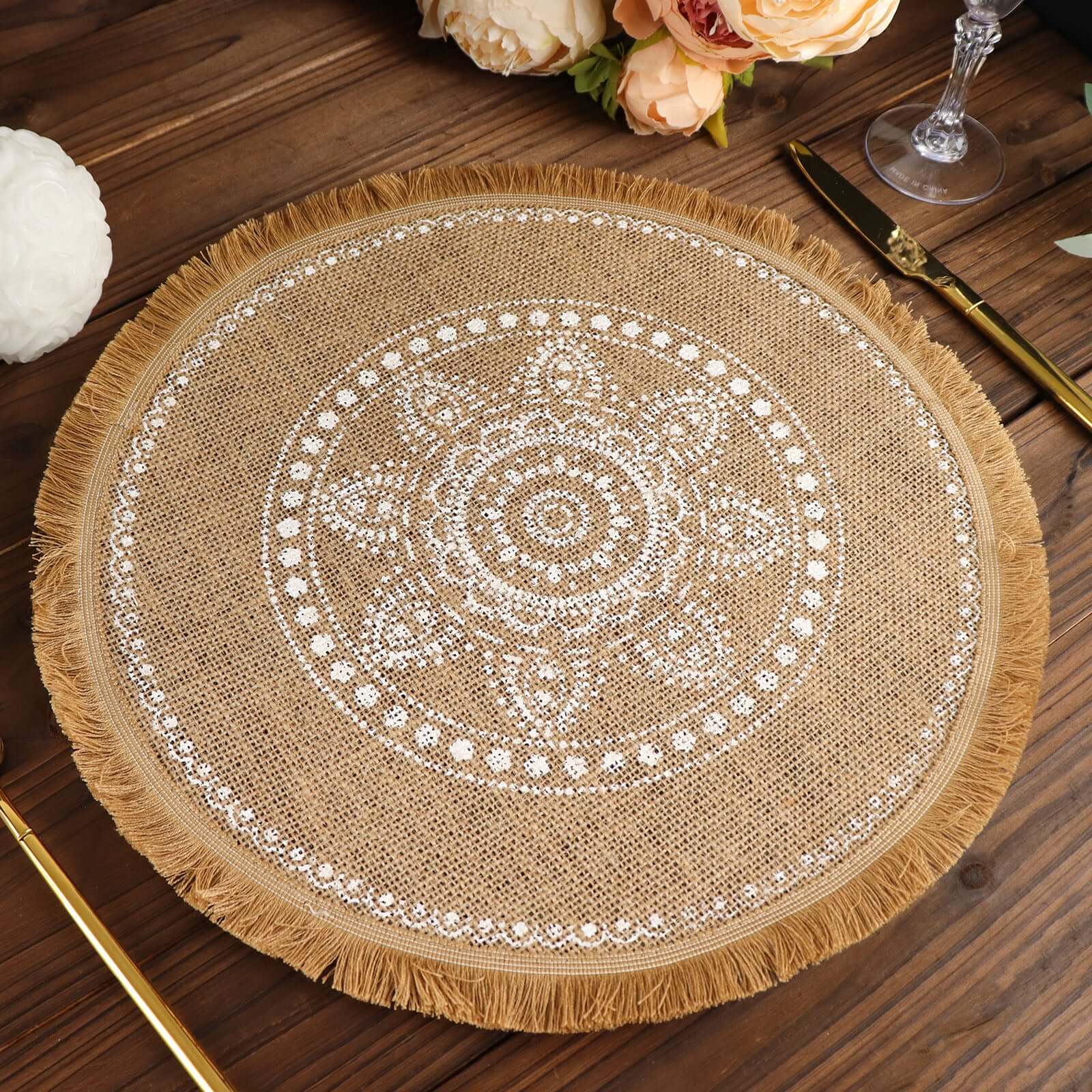 4-Pack Jute Fringe Placemats 15" Round White Embroidery Print Design Natural - Rustic Burlap Tassel Dining Mats - Image 4
