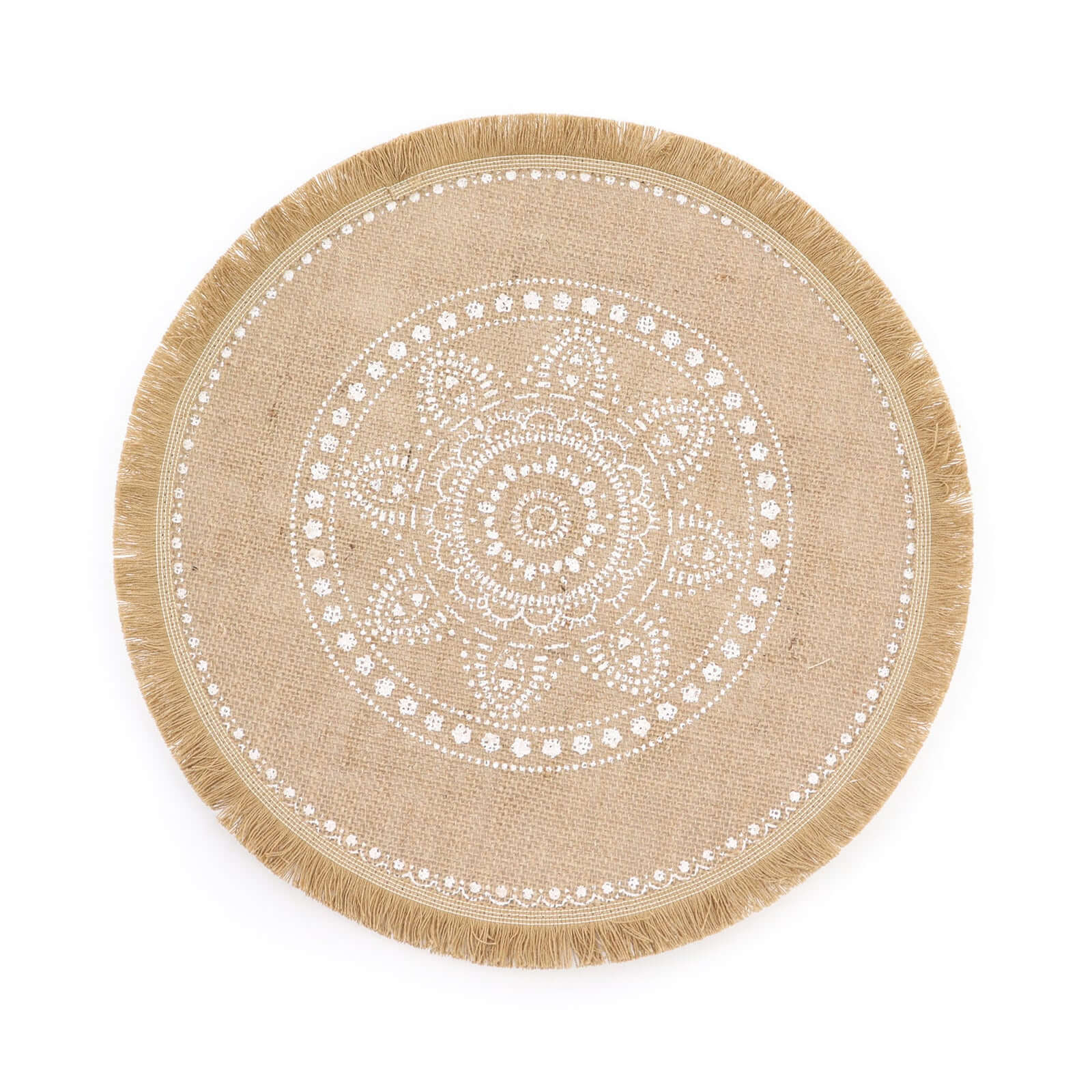 4-Pack Jute Fringe Placemats 15" Round White Embroidery Print Design Natural - Rustic Burlap Tassel Dining Mats - Image 7