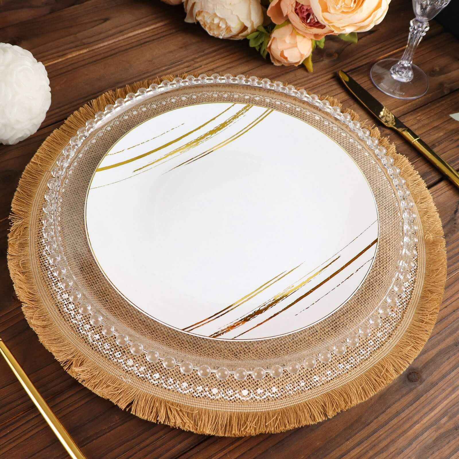4-Pack Jute Fringe Placemats 15" Round White Embroidery Print Design Natural - Rustic Burlap Tassel Dining Mats - Image 9
