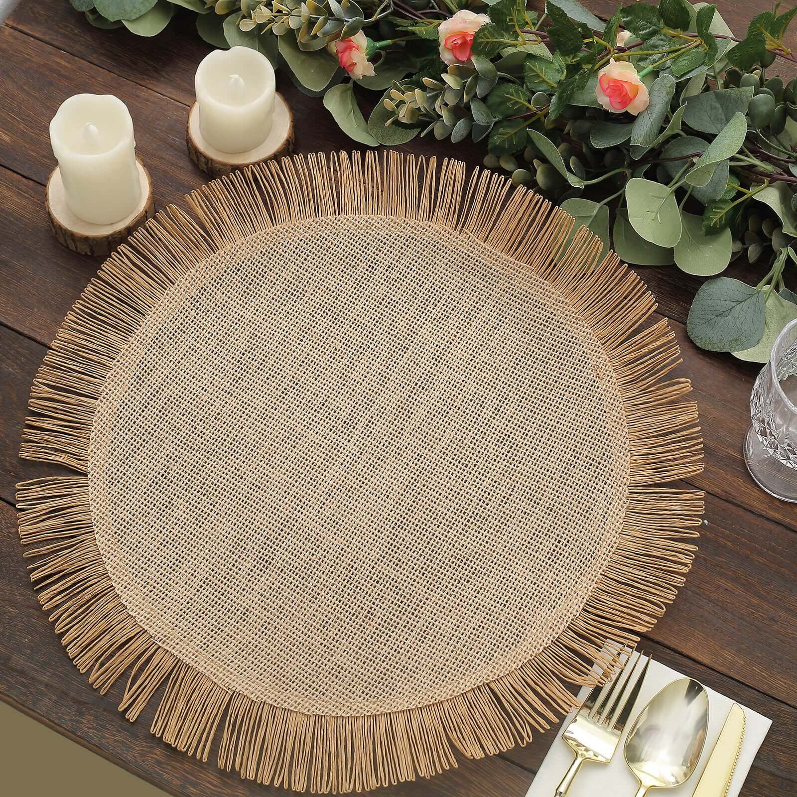 4-Pack Jute Placemats 16" Round Fringe Edge Design Natural - Rustic Burlap Dining Mats - Image 8