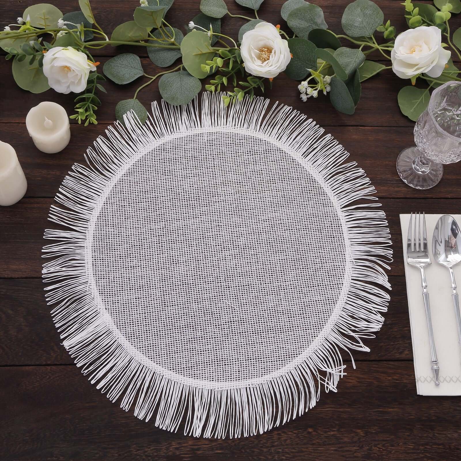 4-Pack Jute Placemats 16" Round Fringe Edge Design White - Rustic Boho Chic Burlap Dining Mats