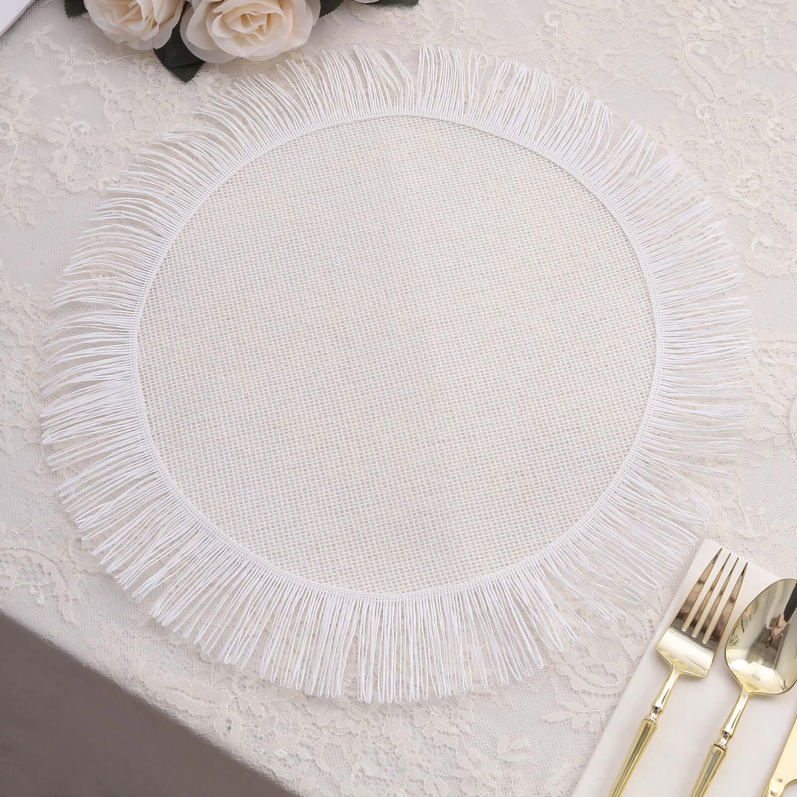 4-Pack Jute Placemats 16" Round Fringe Edge Design White - Rustic Boho Chic Burlap Dining Mats - Image 7