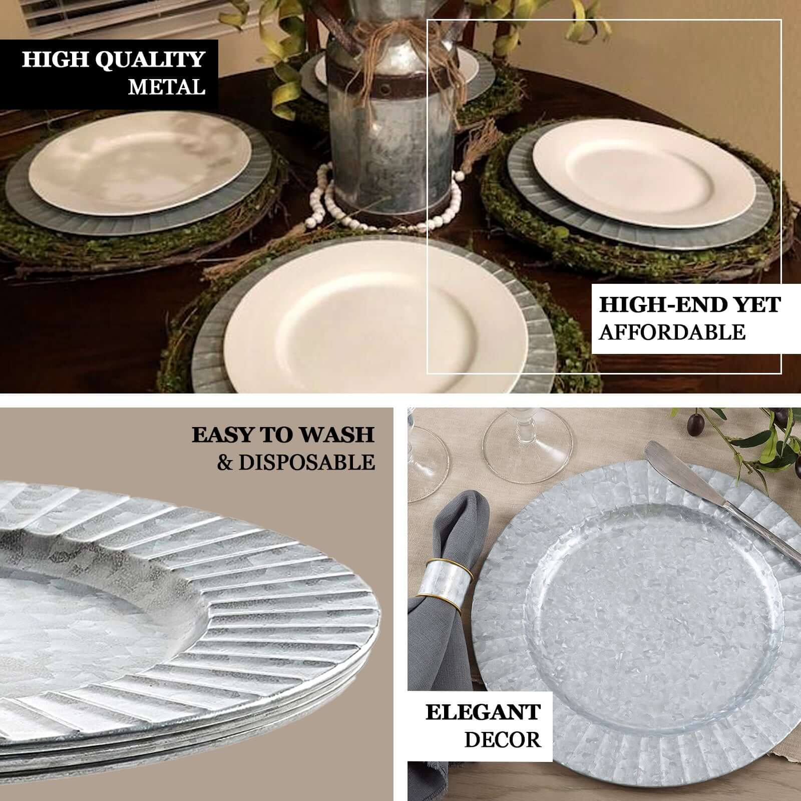 4-Pack Metal Charger Plates 13" Round Silver with Galvanized Ruffled Rim - Sleek Charger Tableware - Image 4