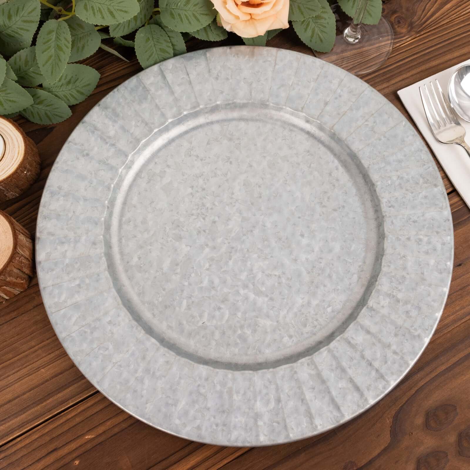 4-Pack Metal Charger Plates 13" Round Silver with Galvanized Ruffled Rim - Sleek Charger Tableware - Image 7
