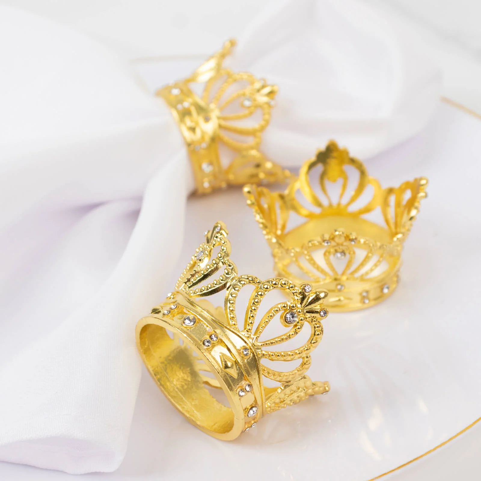 4 Pack Metallic Gold Crown Rhinestone Napkin Rings, Royal Bling Napkin Holders
