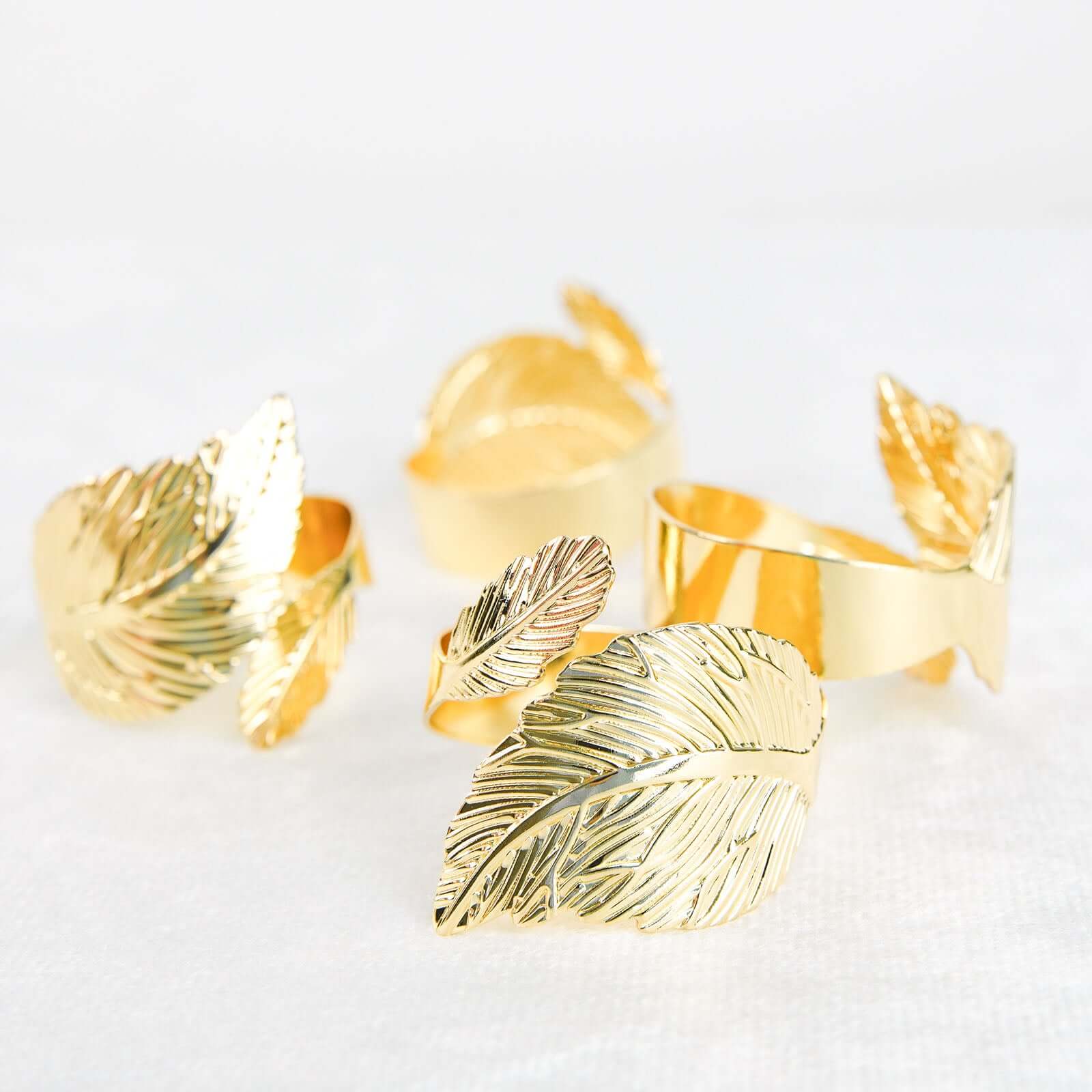 4 Pack Metallic Gold Ornate Leaf Napkin Rings, Linen Napkin Holders - Image 2